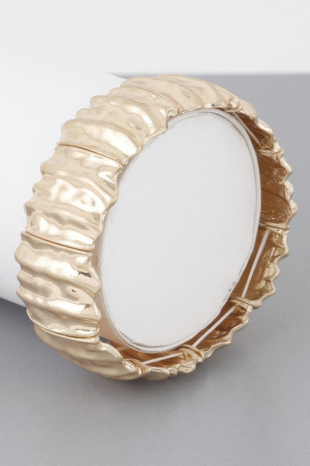 Hammered metal bracelet bangle, gold-tone cuff with scalloped edges