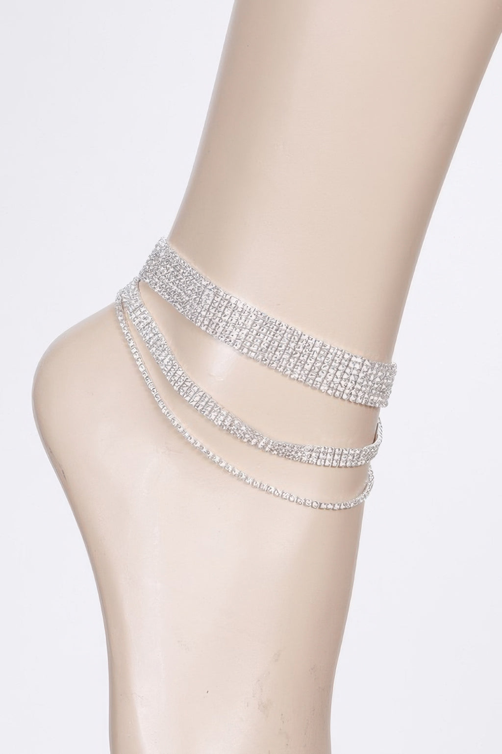 Layered rhinestone anklet with two stacked rows and linked chain, silver clear