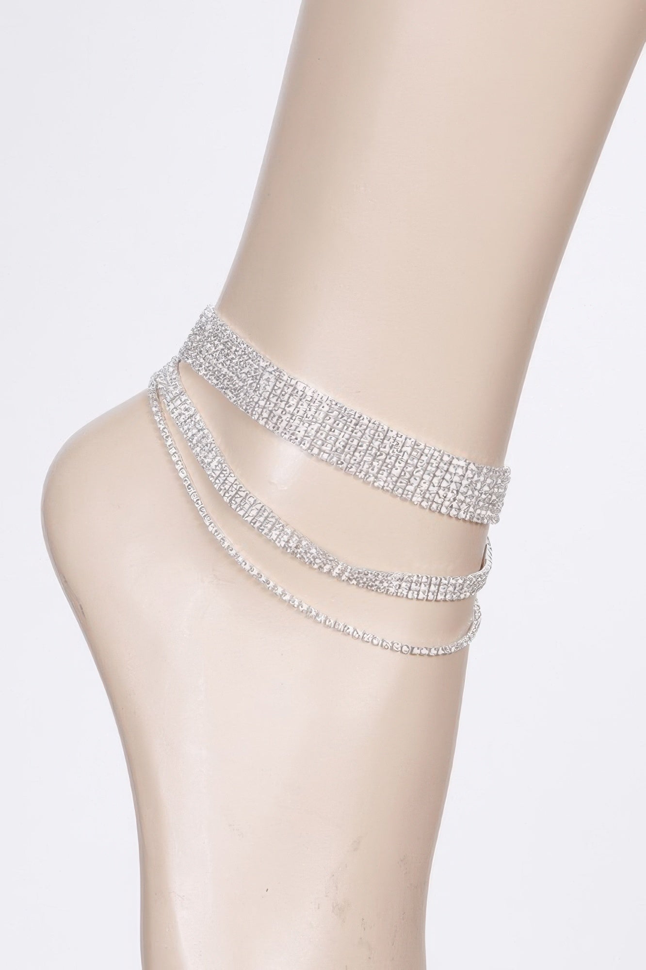 Layered rhinestone anklet with two stacked rows and linked chain, silver clear