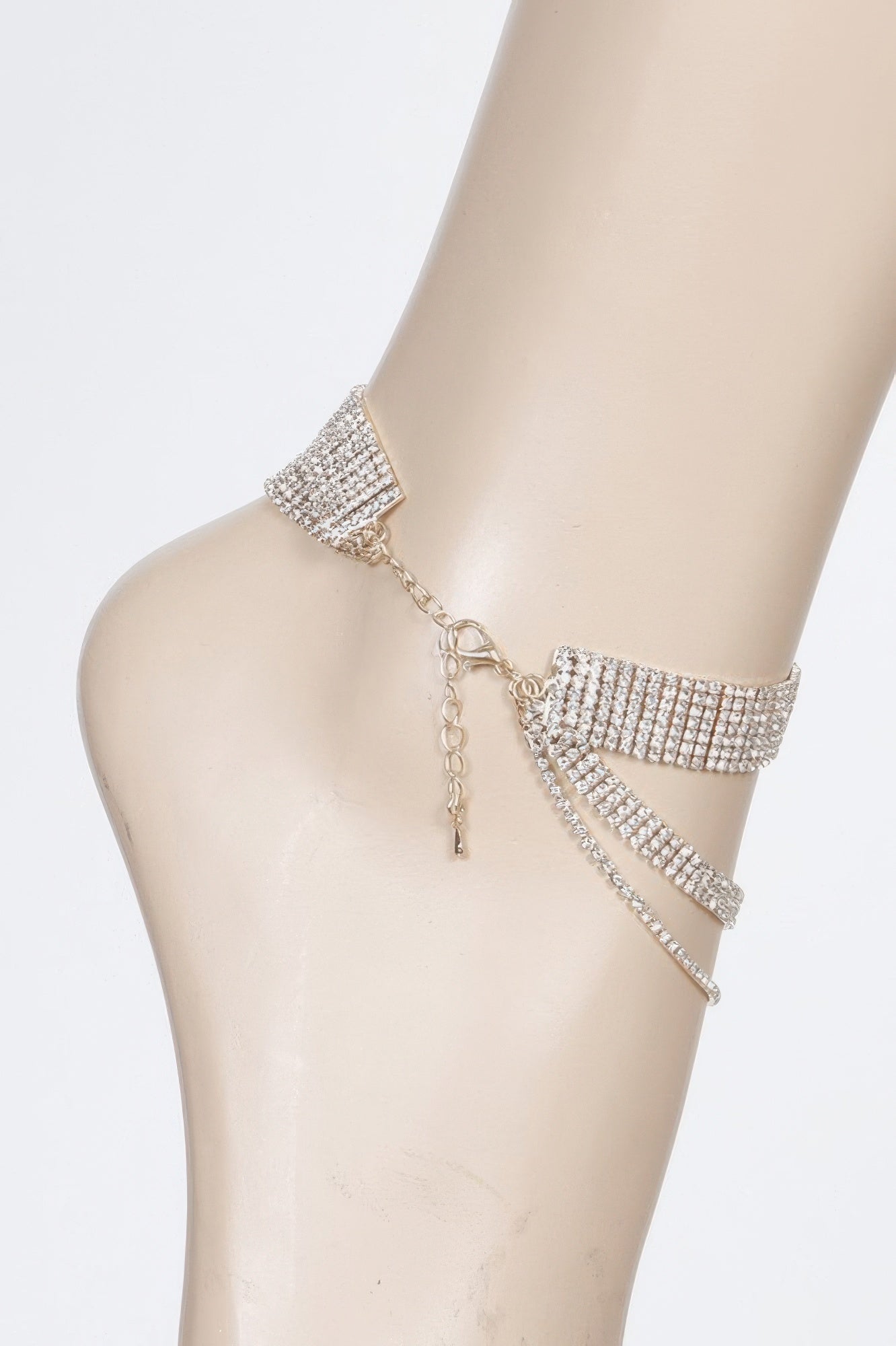 Rhinestone anklet with stacked straps and dangling extender chain, silver clear