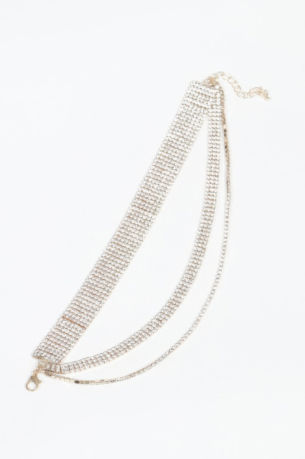Three-row rhinestone anklet with open chain ends and small clasp, silver clear