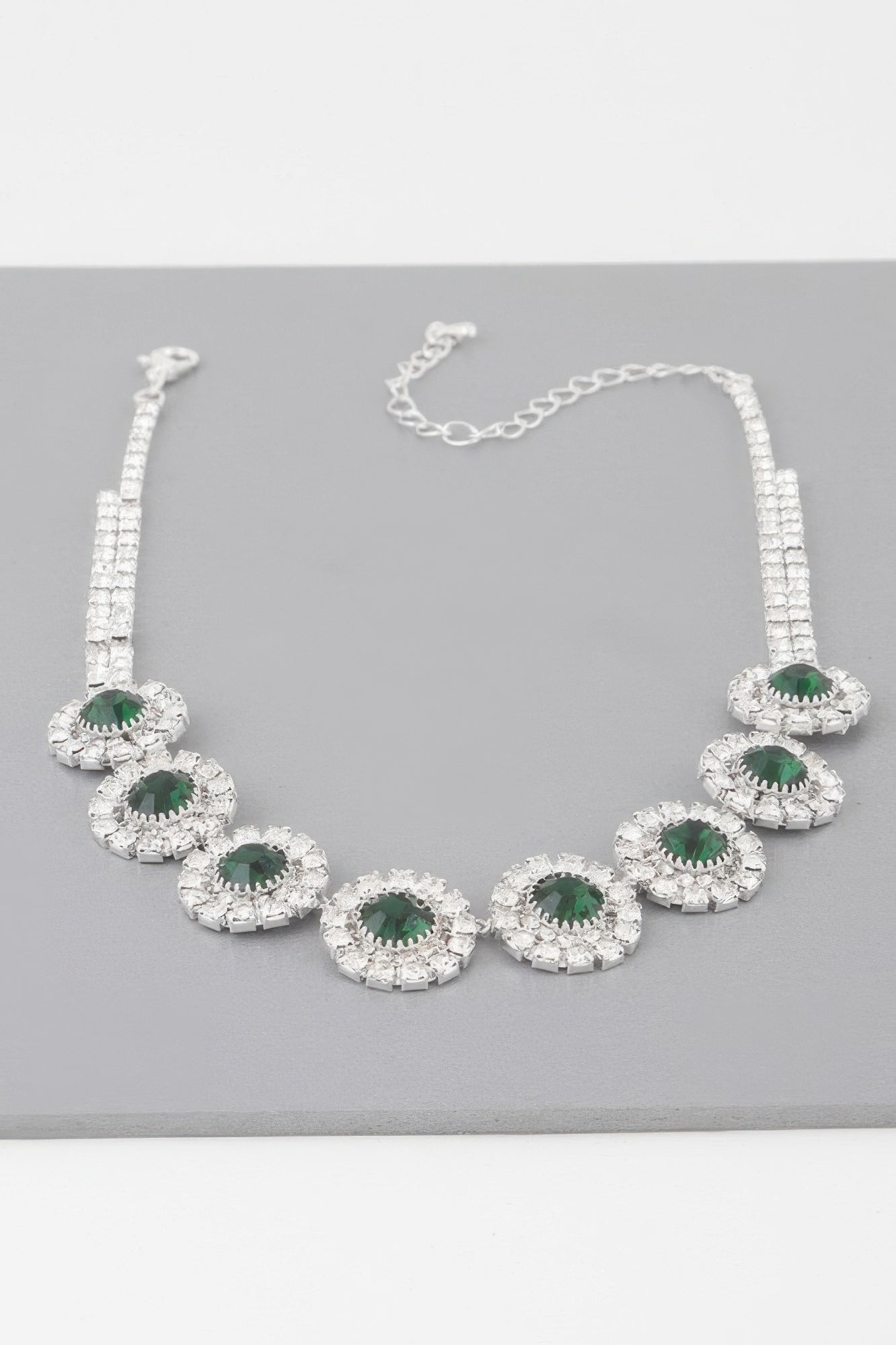 Silver emerald green rhinestone choker necklace with round halo link row