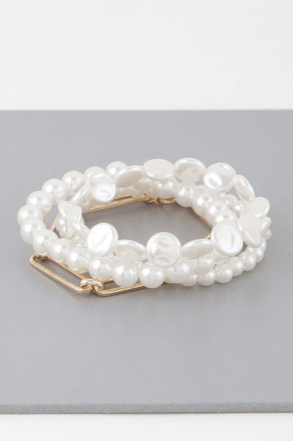 Multi Faux Pearls Bracelet, layered faux pearl strands with gold-tone bar clasp
