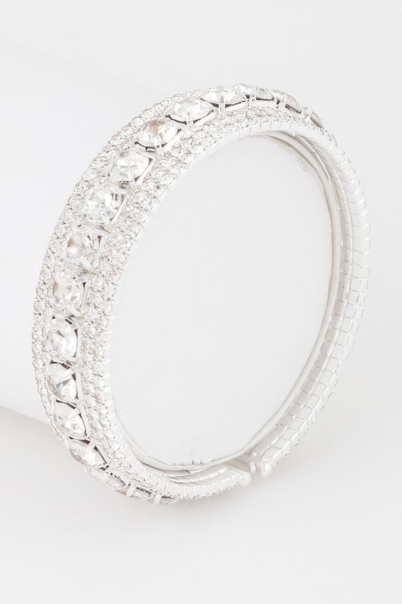 Luxury rhinestone cuff bracelet with silver clear stones, open oval bangle