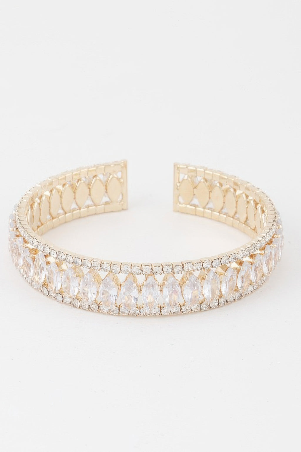 Crystal bar cuff bracelet with clear crystal rows and gold interior tabs