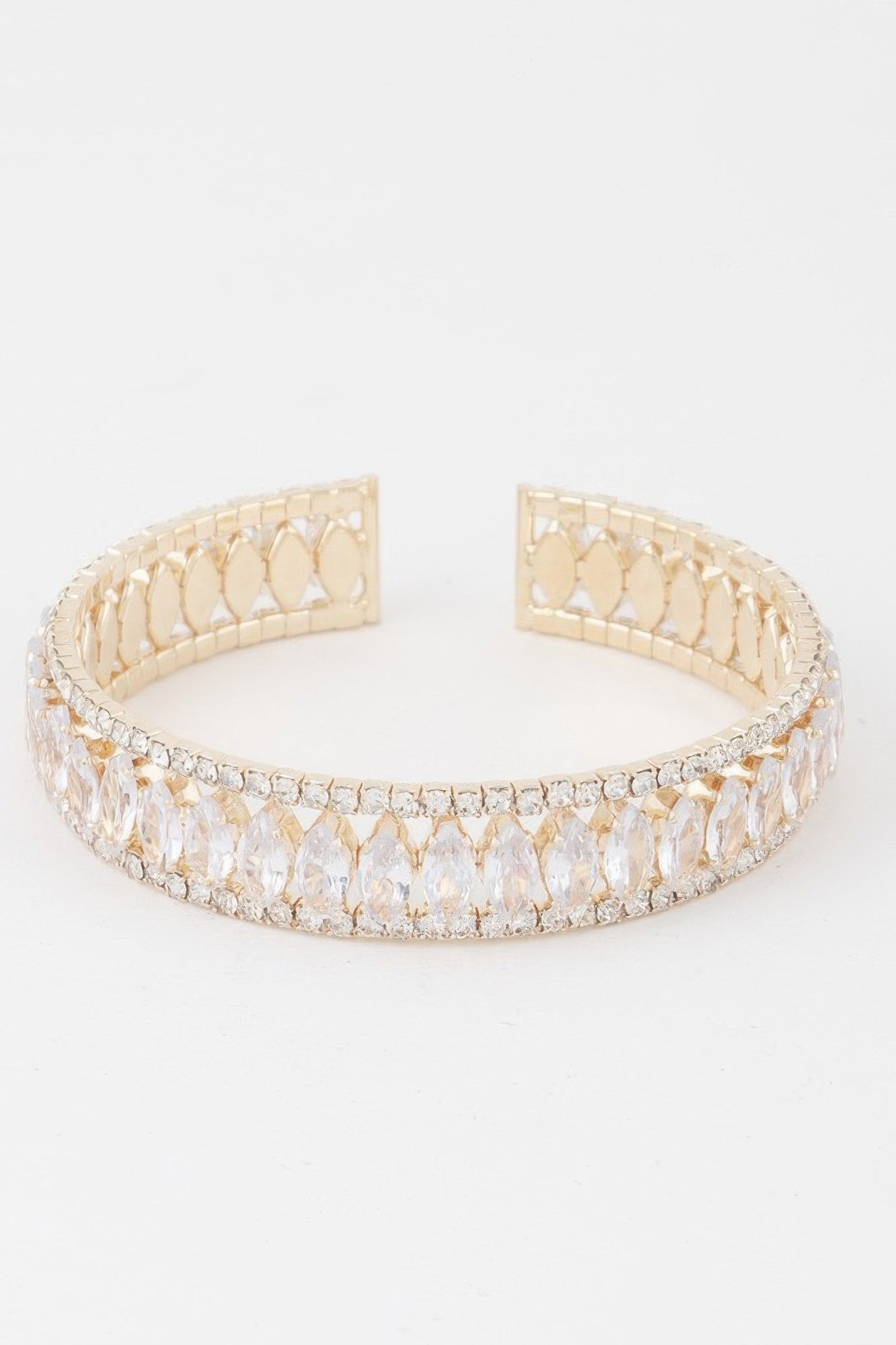 Crystal bar cuff bracelet with clear crystal rows and gold interior tabs