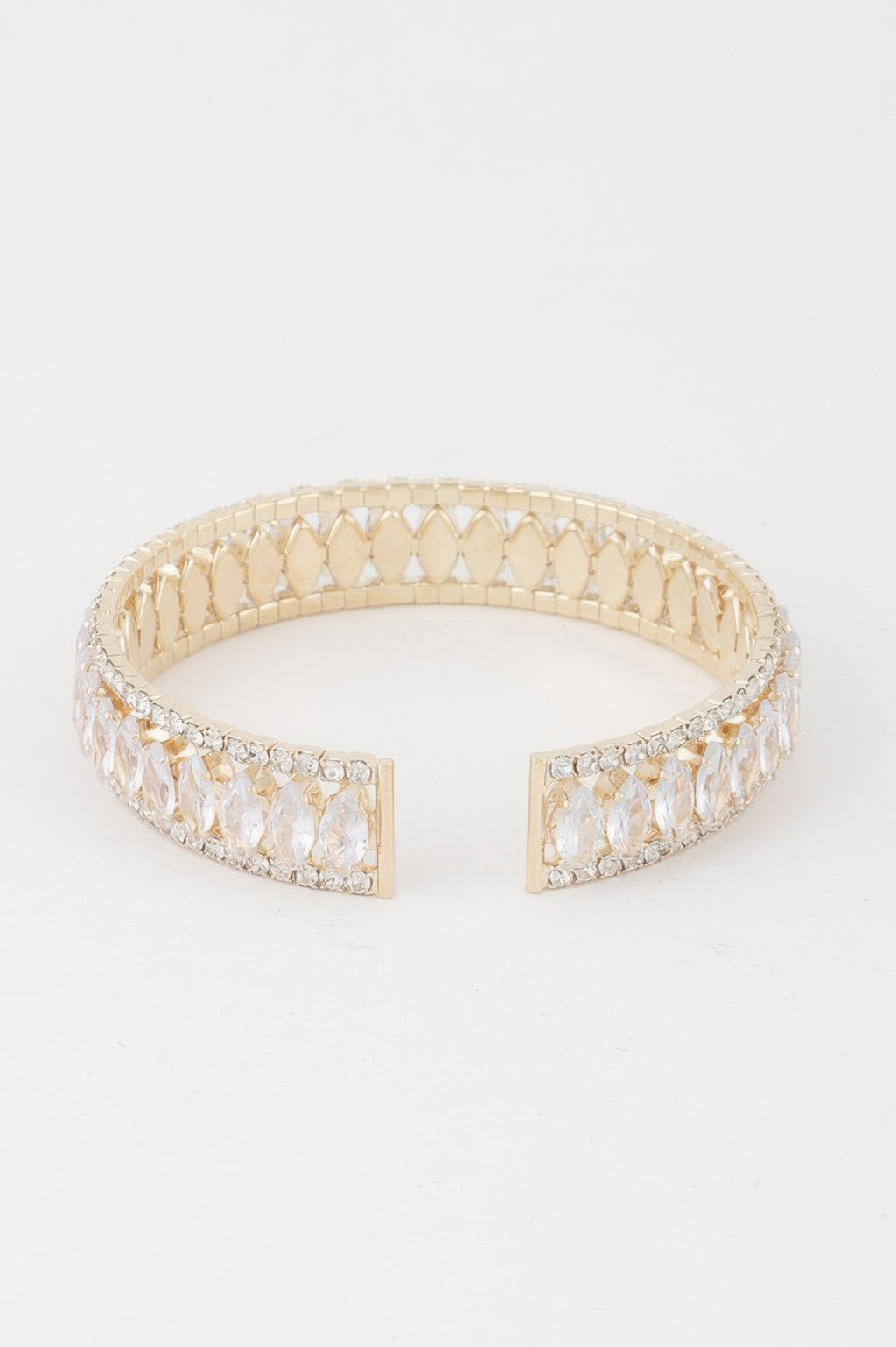 Crystal bar cuff bracelet, wide clear-stone band with gold square end pieces