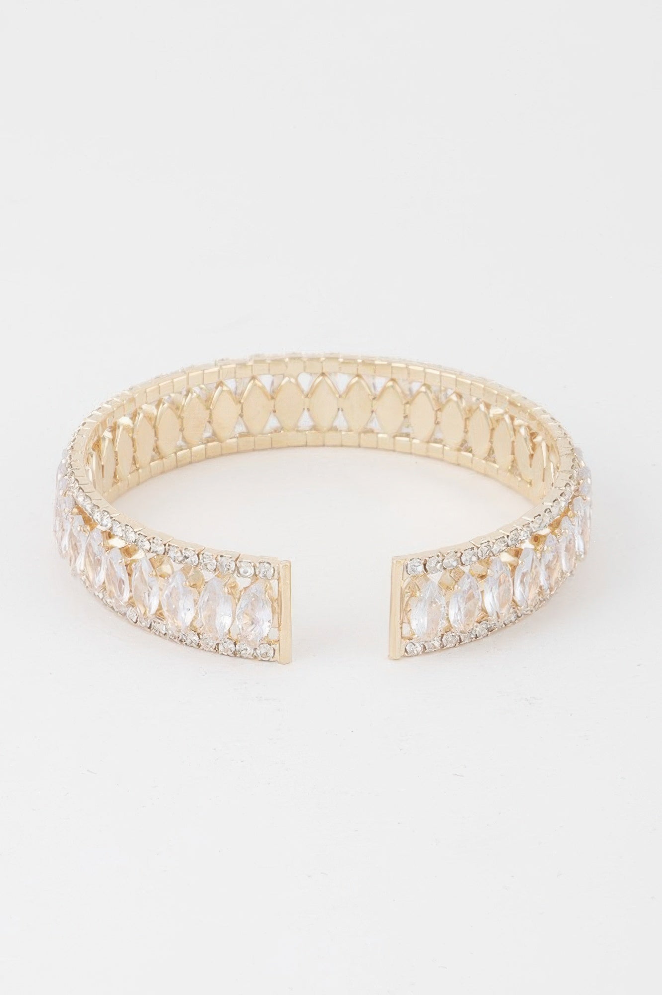 Crystal bar cuff bracelet, wide clear-stone band with gold square end pieces