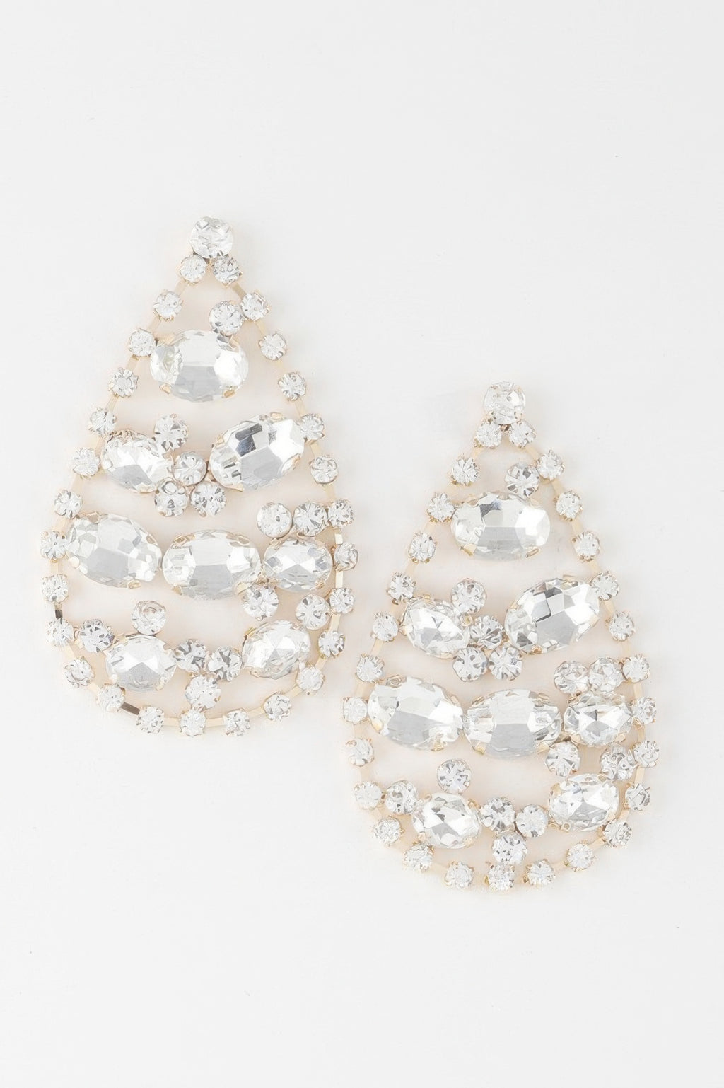 Rhinestone teardrop earrings with clear faceted stones, dangling cluster