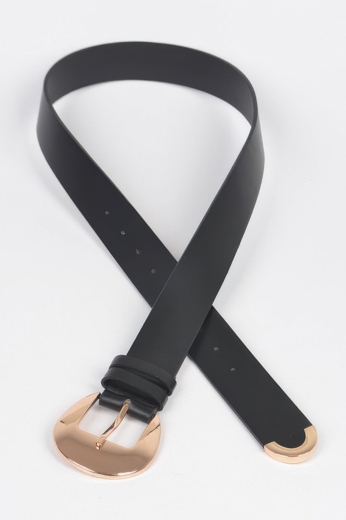 Faux leather belt, black strap with large oval buckle and rose-gold metal frame
