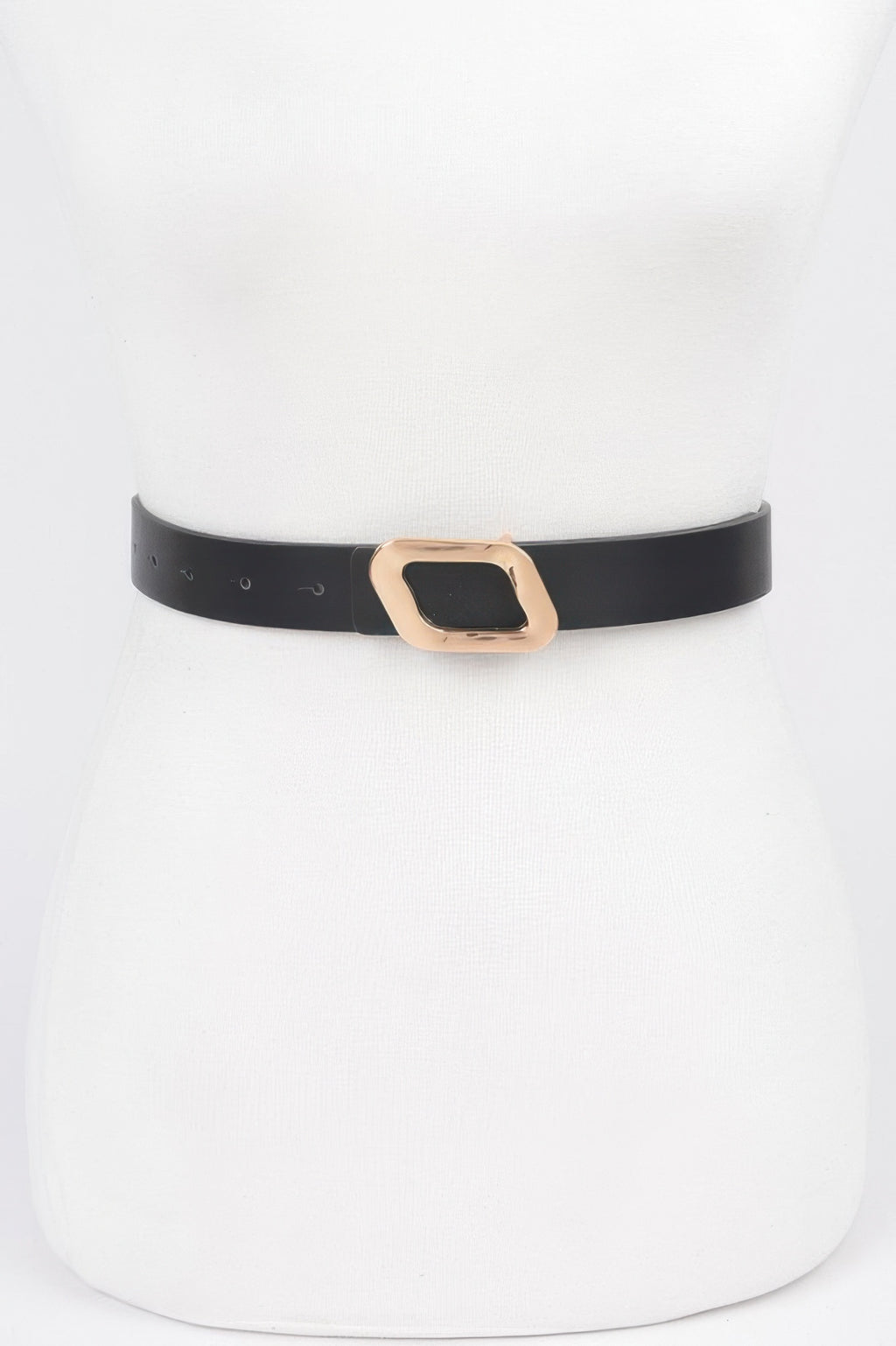 Black faux leather belt with gold-tone square buckle and adjustment holes