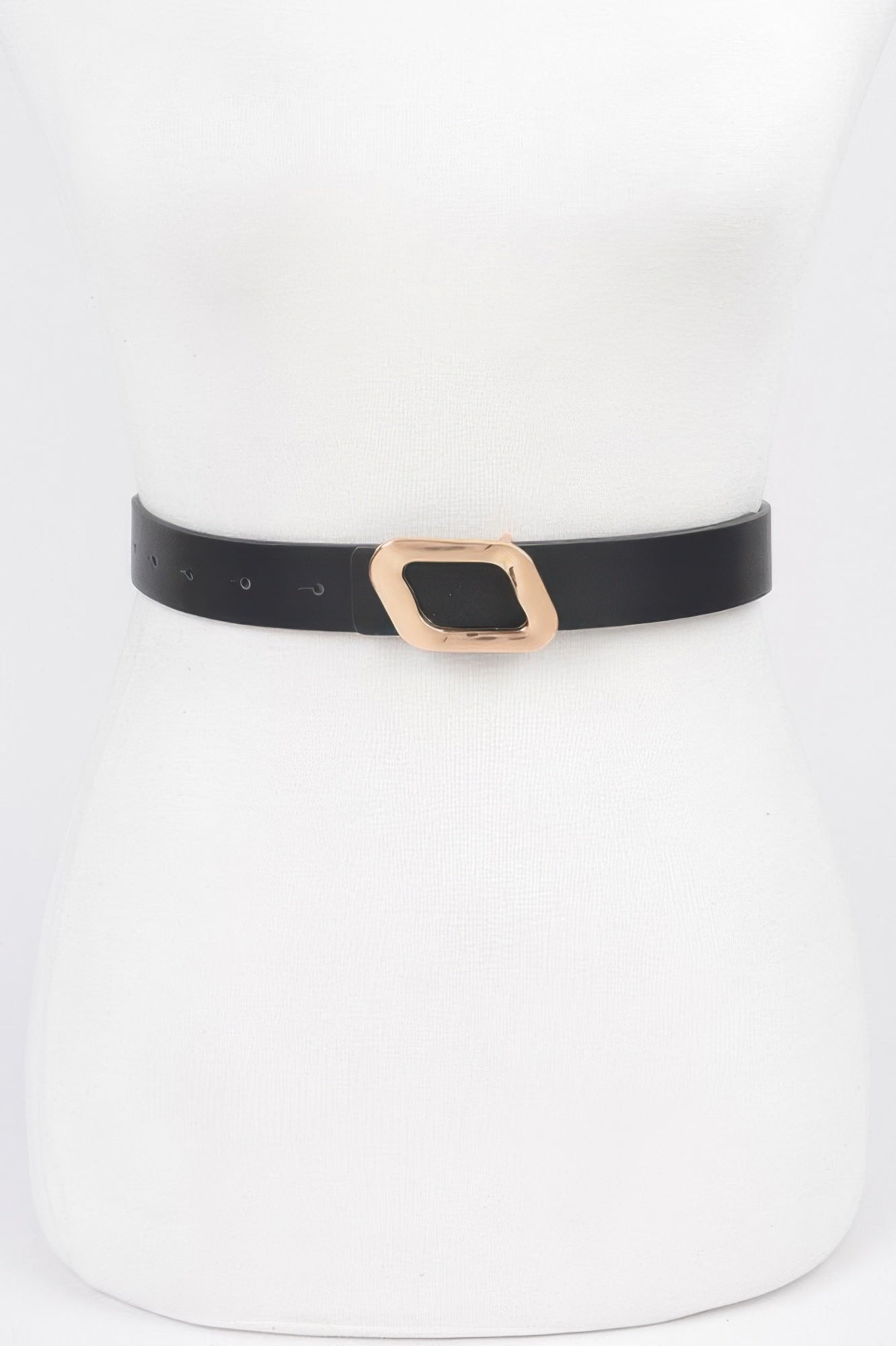 Black faux leather belt with gold-tone square buckle and adjustment holes