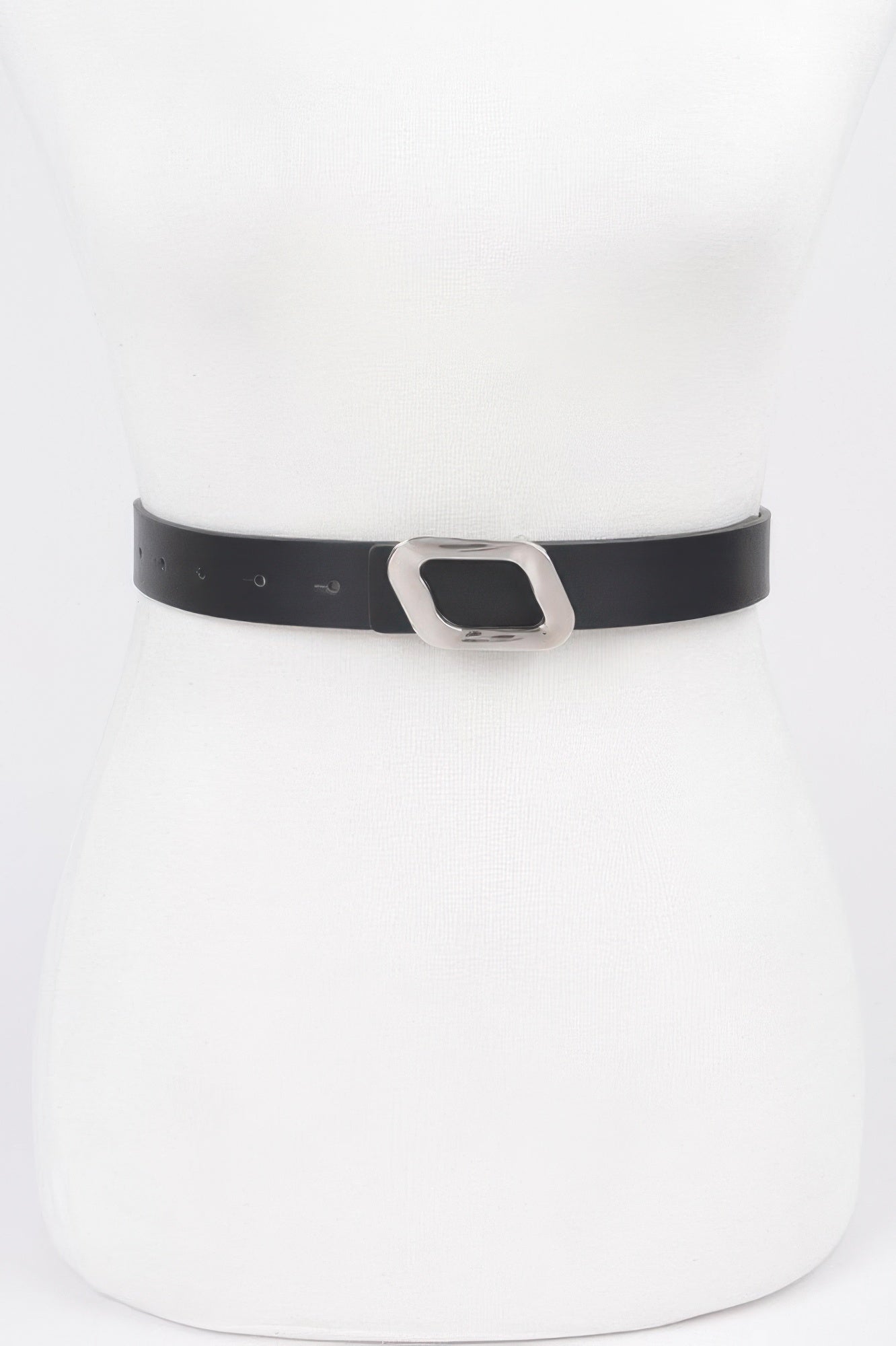 Faux leather belt with square metal buckle; black strap and silver-tone hardware