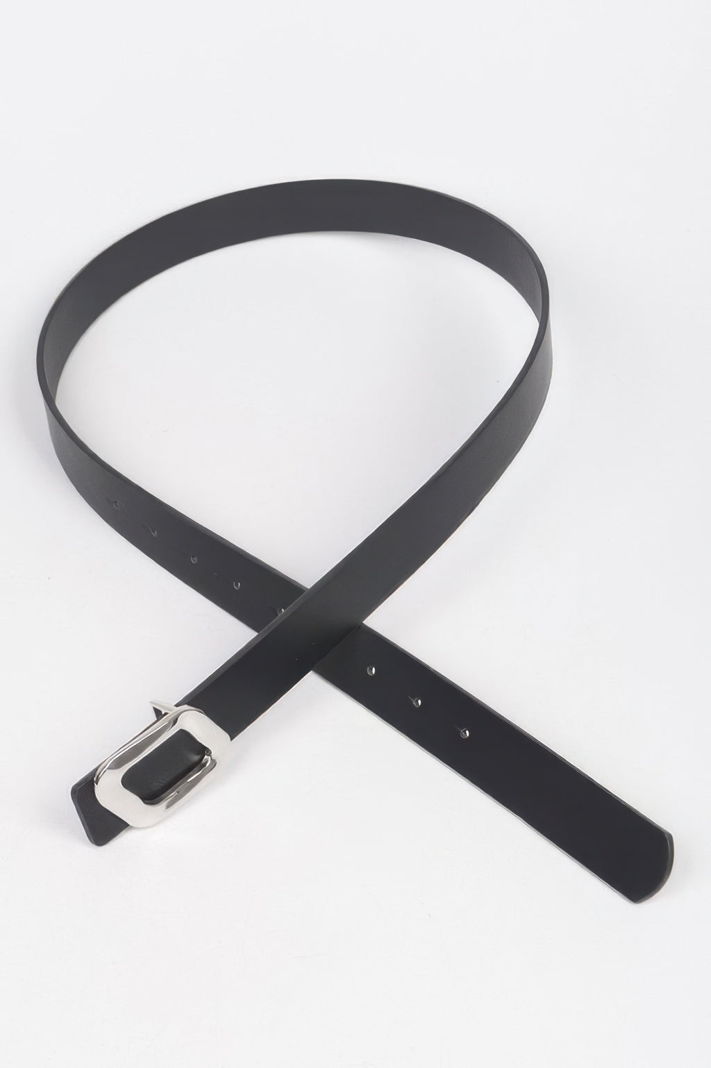 Black faux leather belt with silver-tone square buckle and row of adjustment holes
