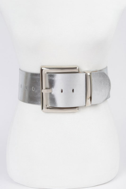 Oversized Metal Buckle Metallic Pu Waist Belt - Tigbul's Variety Fashion Shop
