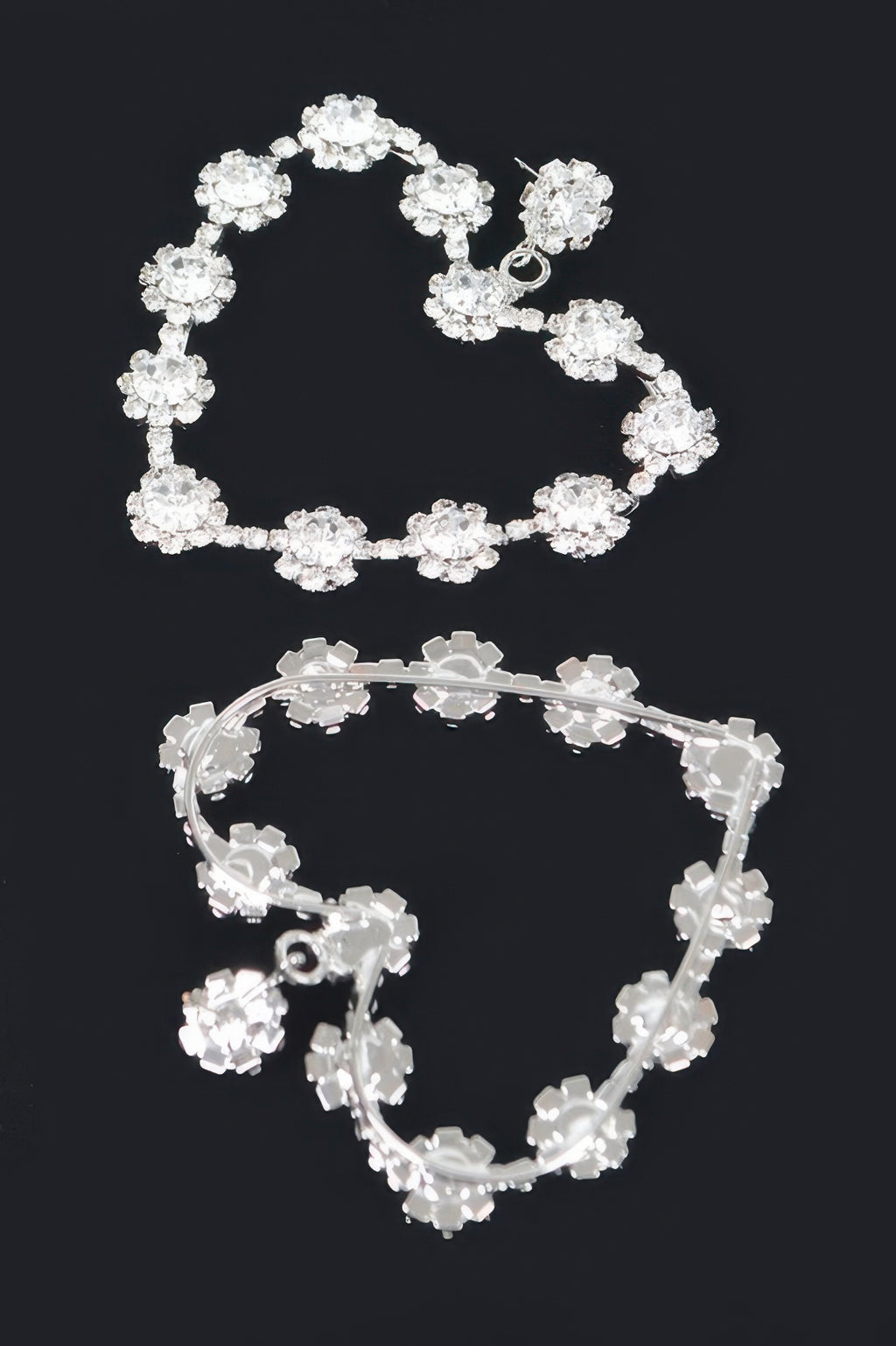 Rhinestone flower heart earrings, silver-tone, close-up of pavé floral circle links