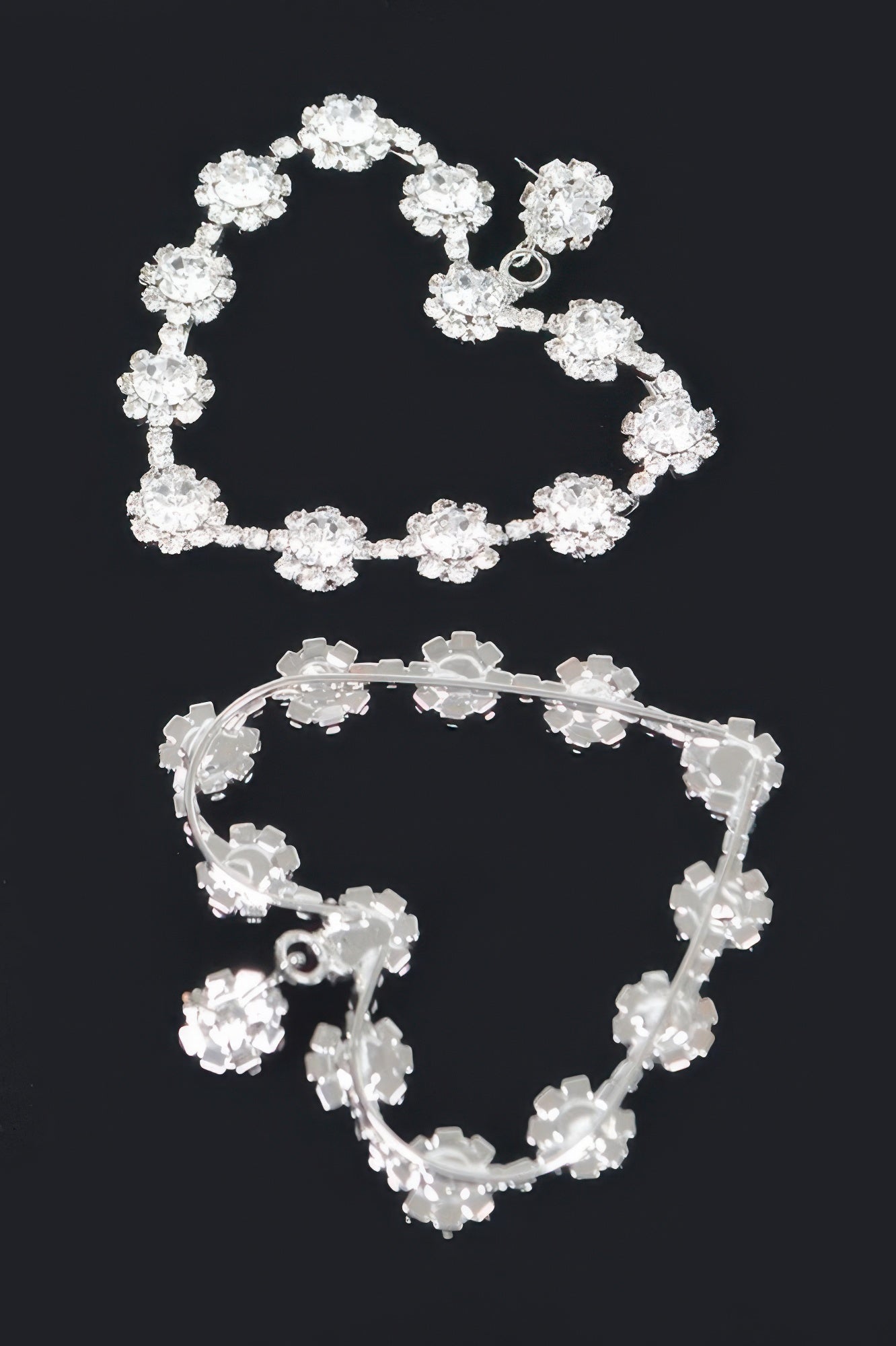 Rhinestone flower heart earrings, silver-tone, close-up of pavé floral circle links
