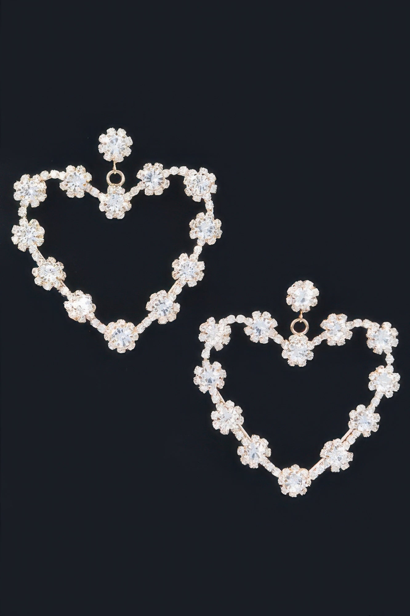 Rhinestone flower heart earrings, gold-tone, pair with pavé floral circle links