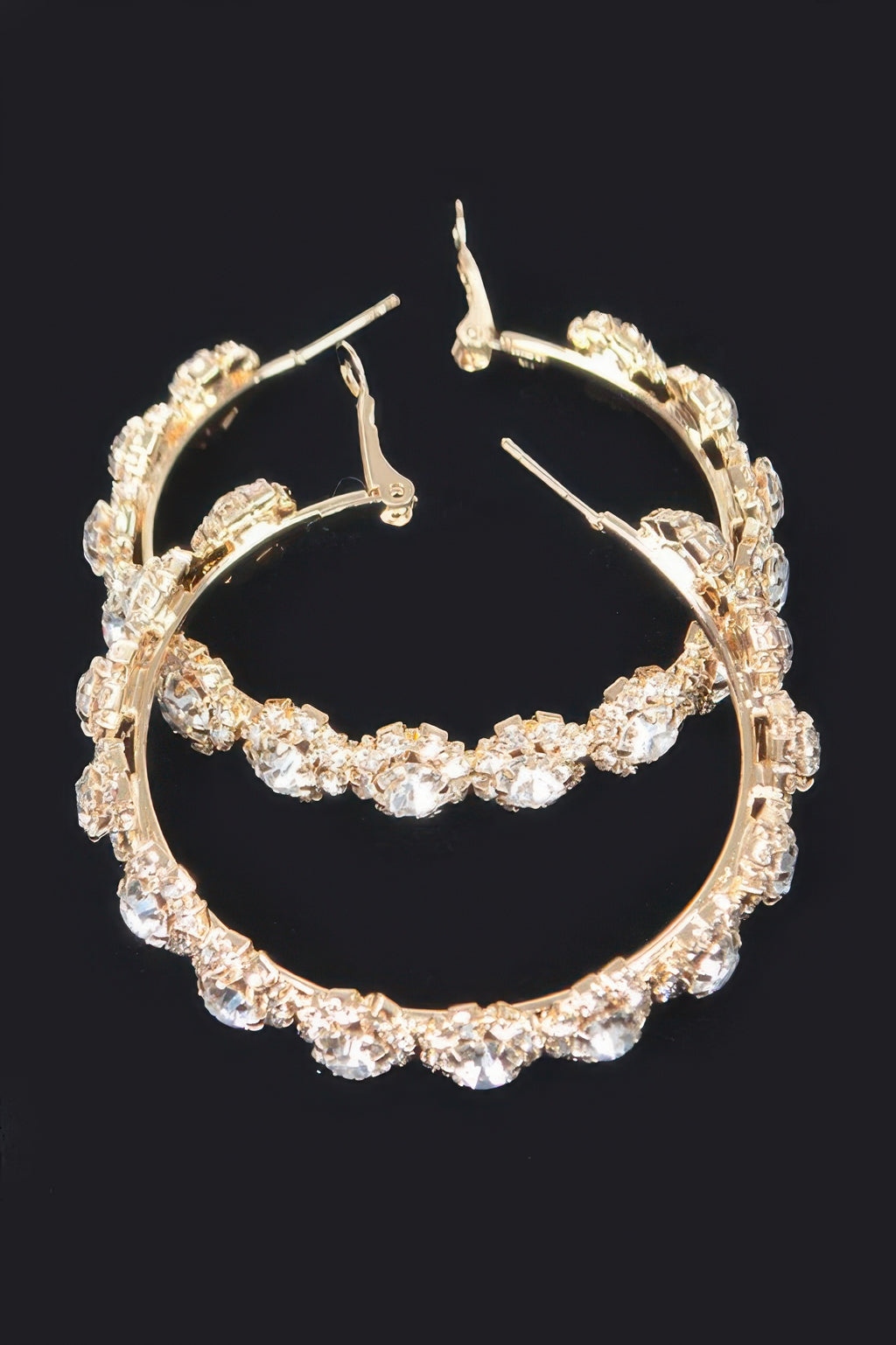 Gold clear multi rhinestone flower hoop earrings, scalloped pavé hoop design