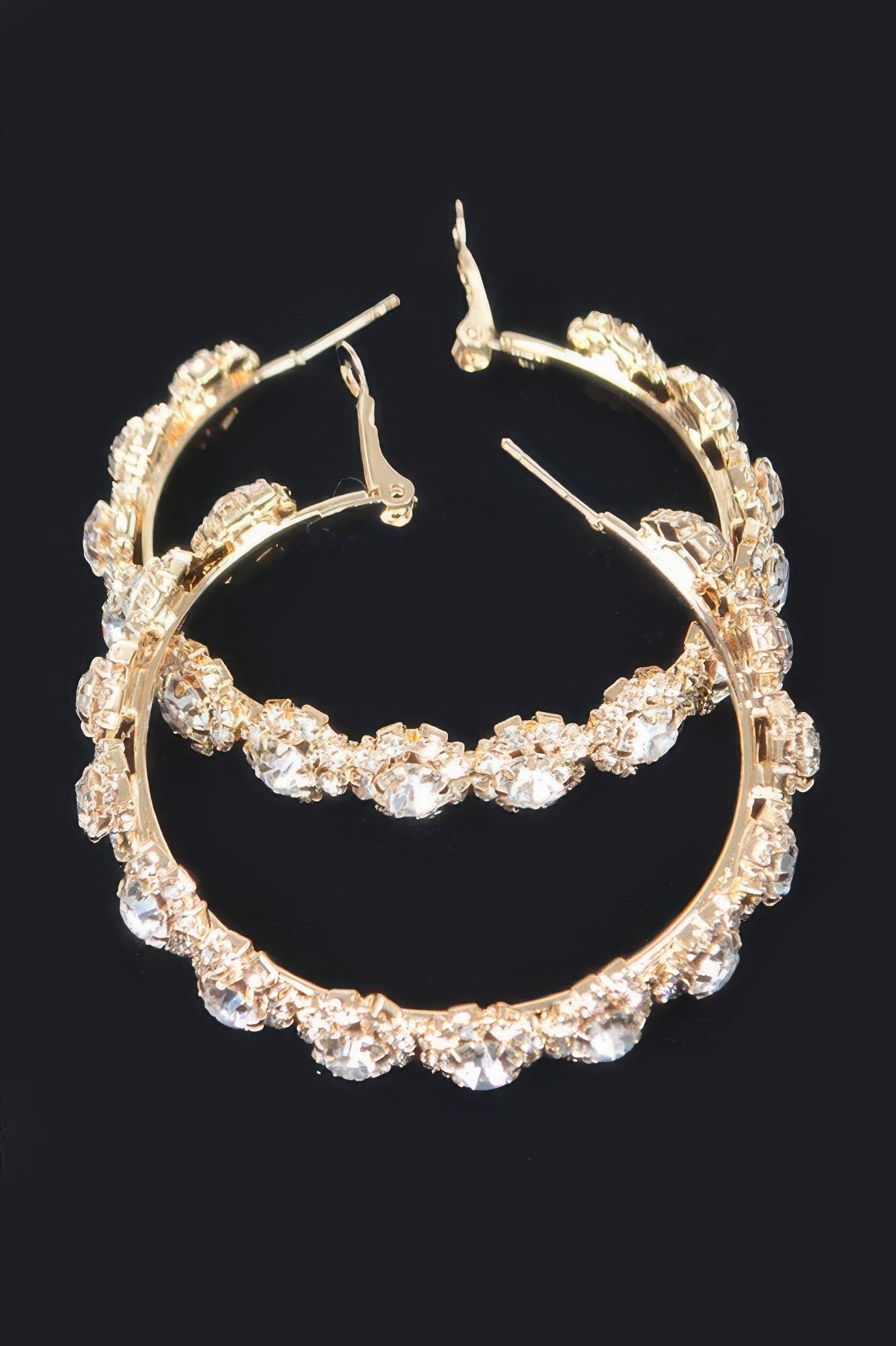 Gold clear multi rhinestone flower hoop earrings, scalloped pavé hoop design