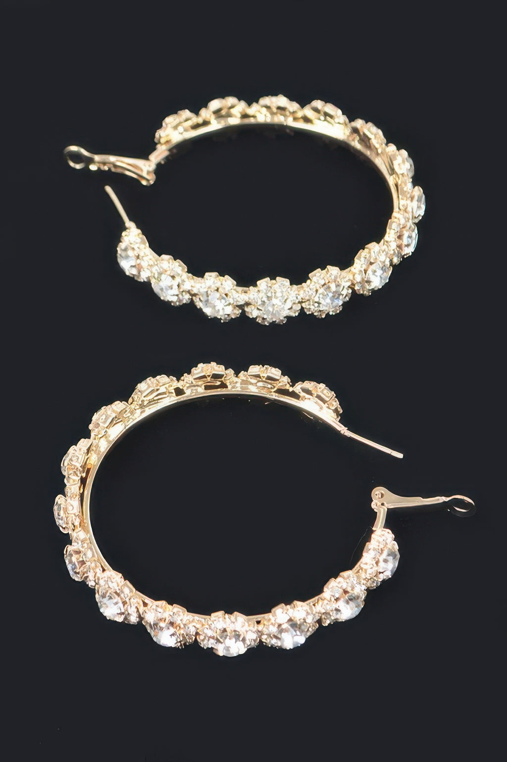 Gold clear multi rhinestone flower hoop earrings with secure hook backs, pavé sparkle