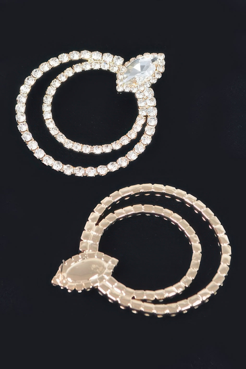 Rhinestone hoop earrings, silver-clear stones, marquise drop detail