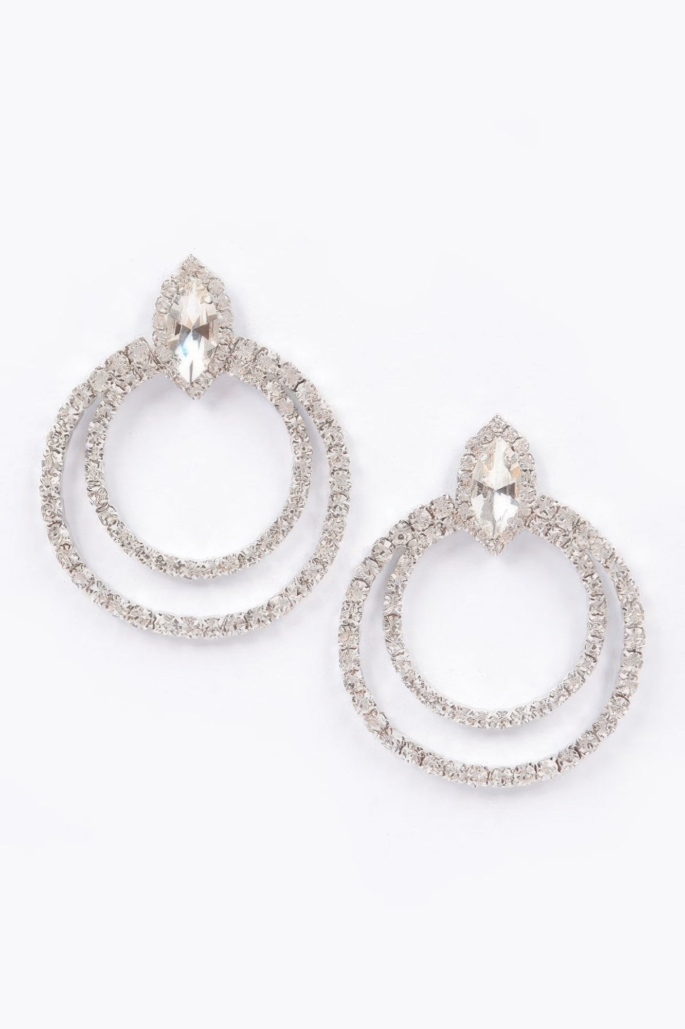Rhinestone hoop earrings, silver-clear stones, two teardrop loops