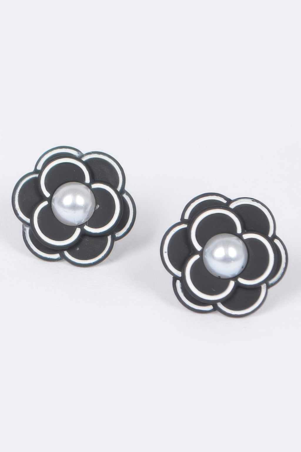 Faux pearl flower acrylic earrings, black with silver-toned center pearl