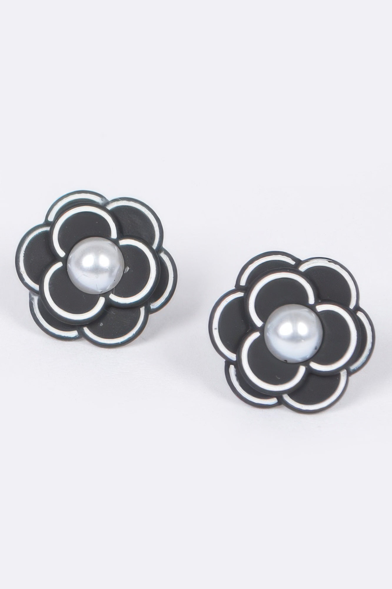 Faux pearl flower acrylic earrings, black with silver-toned center pearl