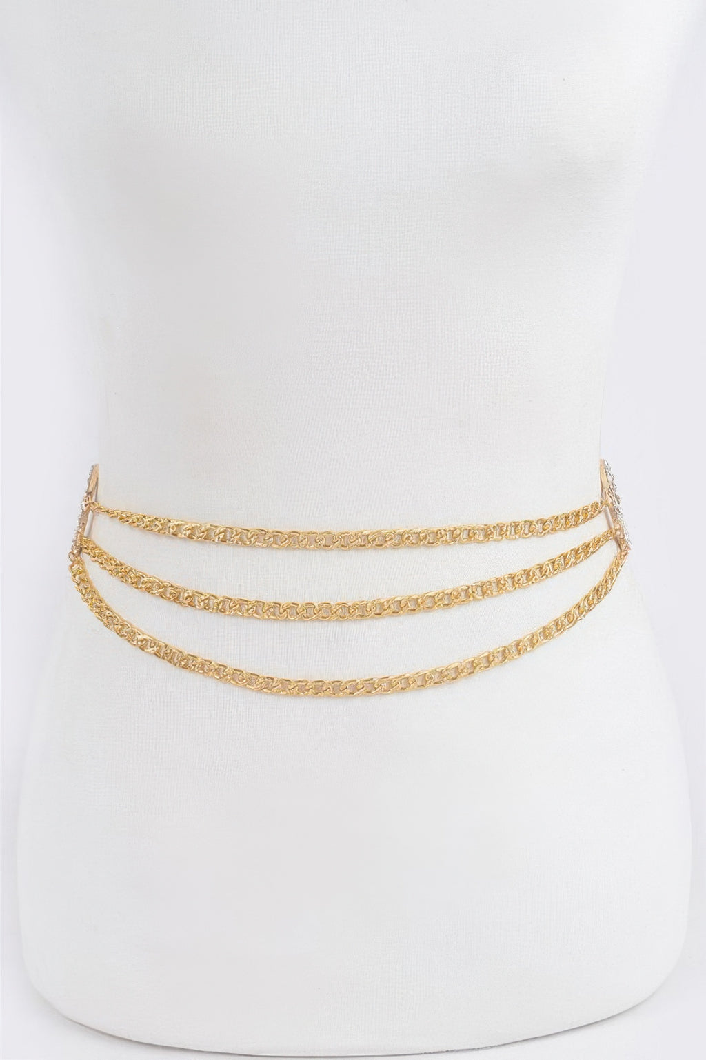 Gold chain belt with three-row chain and open stone ring charm