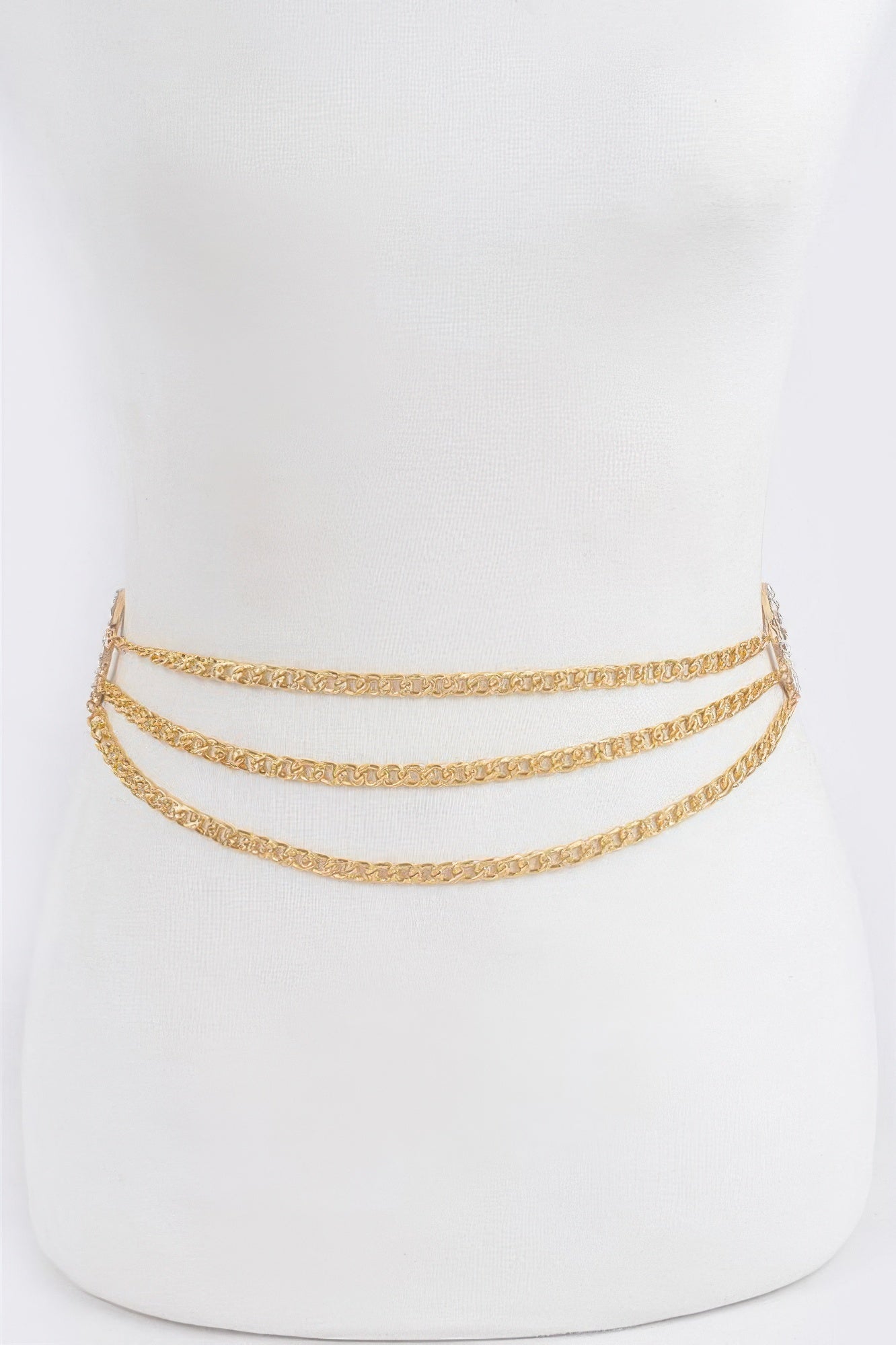 Gold chain belt with three-row chain and open stone ring charm