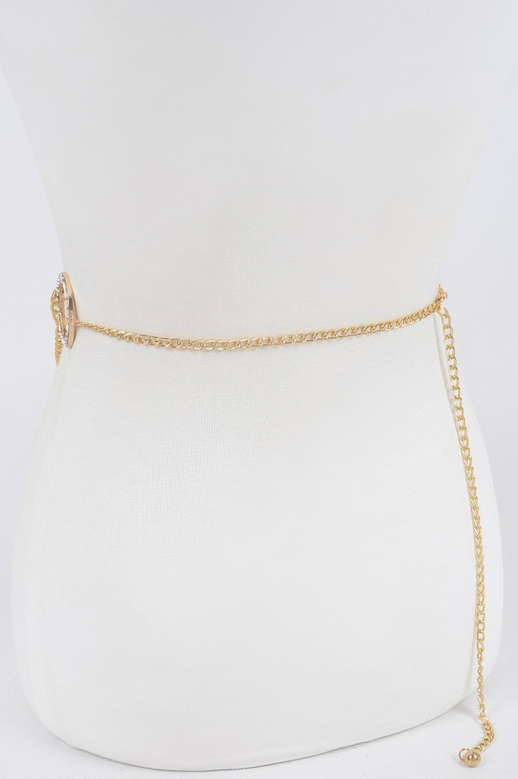 Gold chain belt with long chain strands and side stone-ring charm