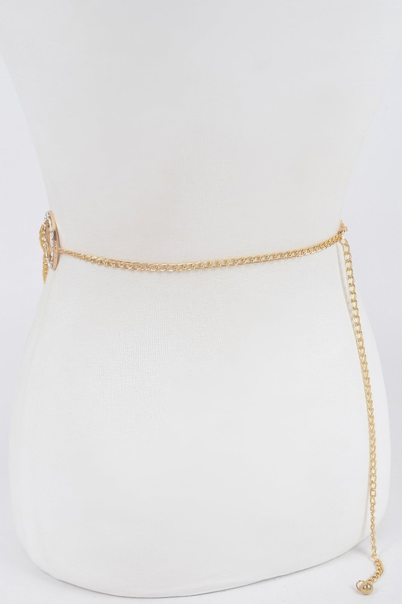 Gold chain belt with long chain strands and side stone-ring charm