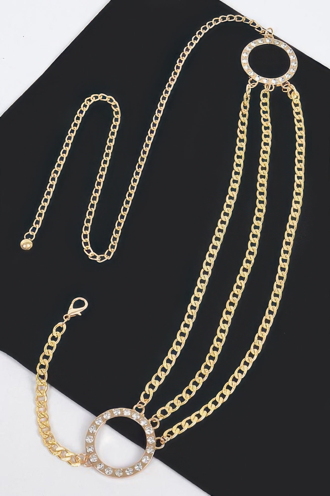 Gold chain belt with round rhinestone ring charm on layered chains