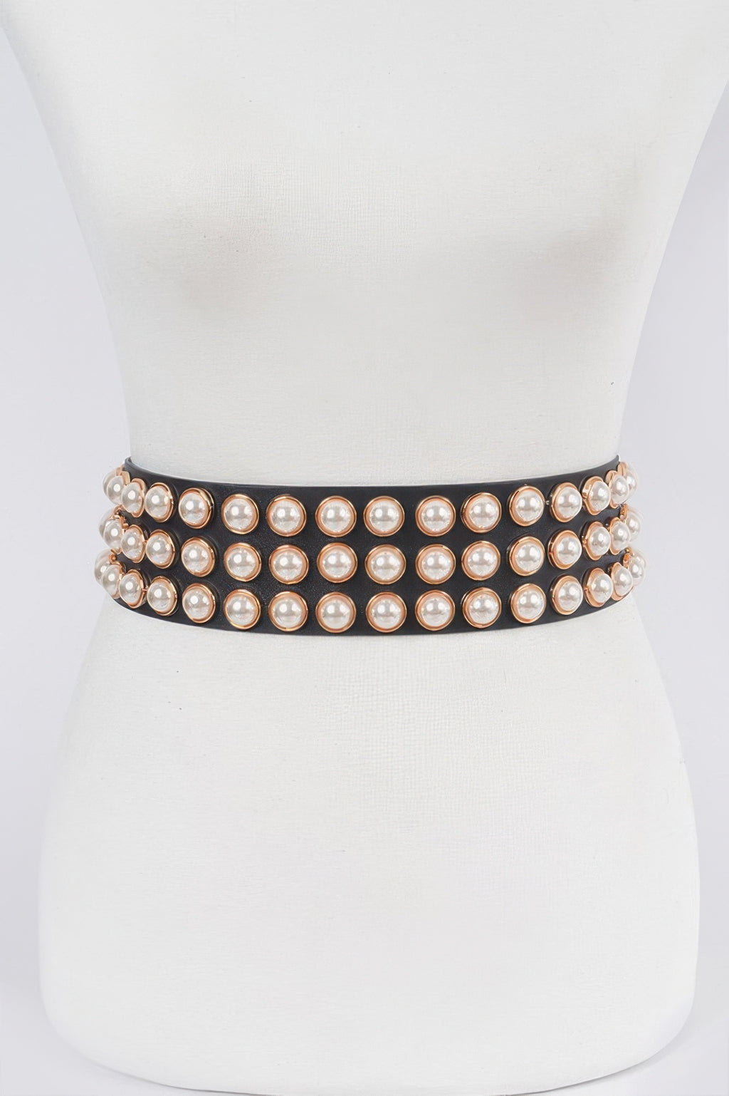 Full pearl studded waist belt on black band with round iridescent beads