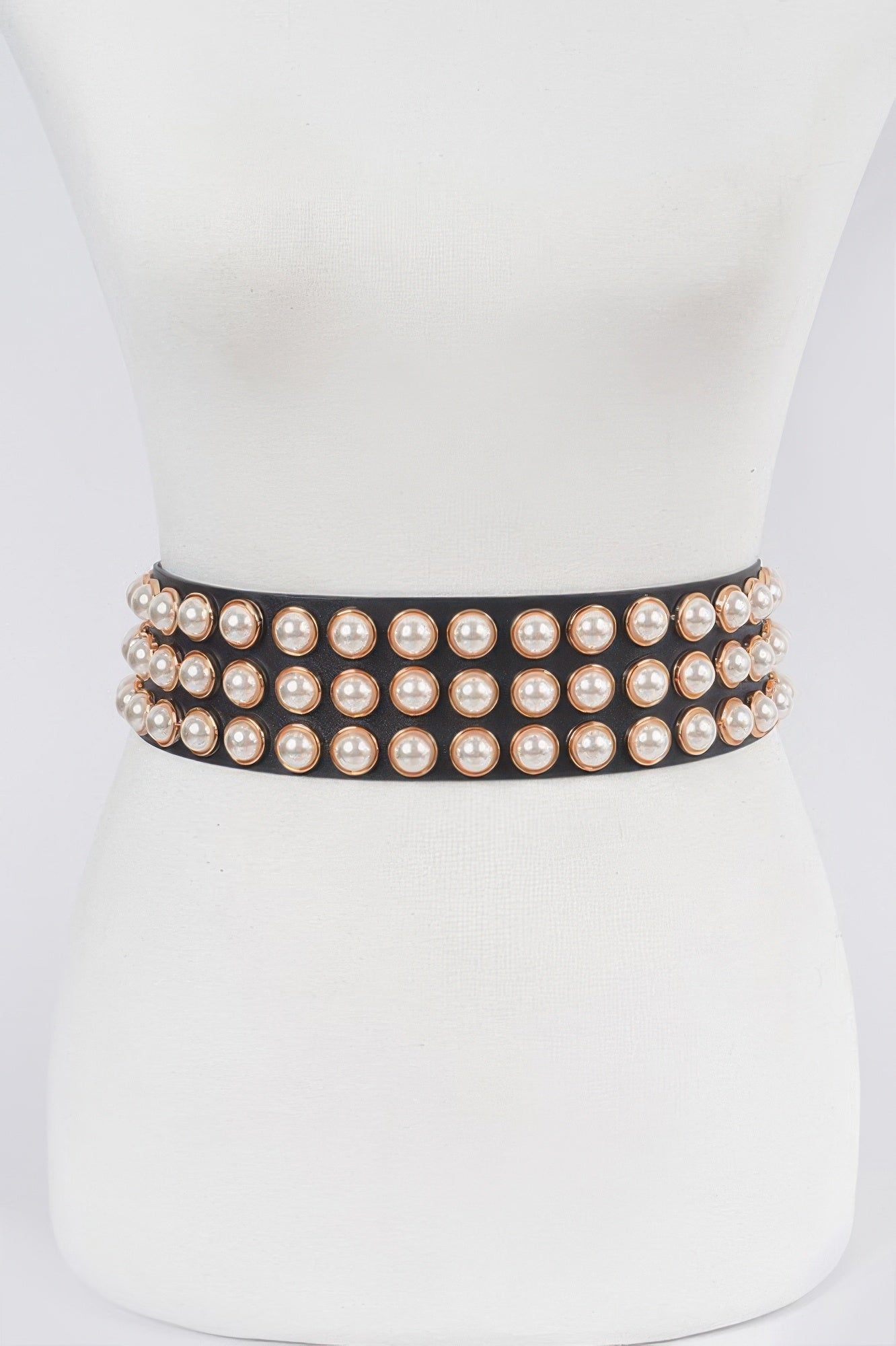 Full pearl studded waist belt on black band with round iridescent beads