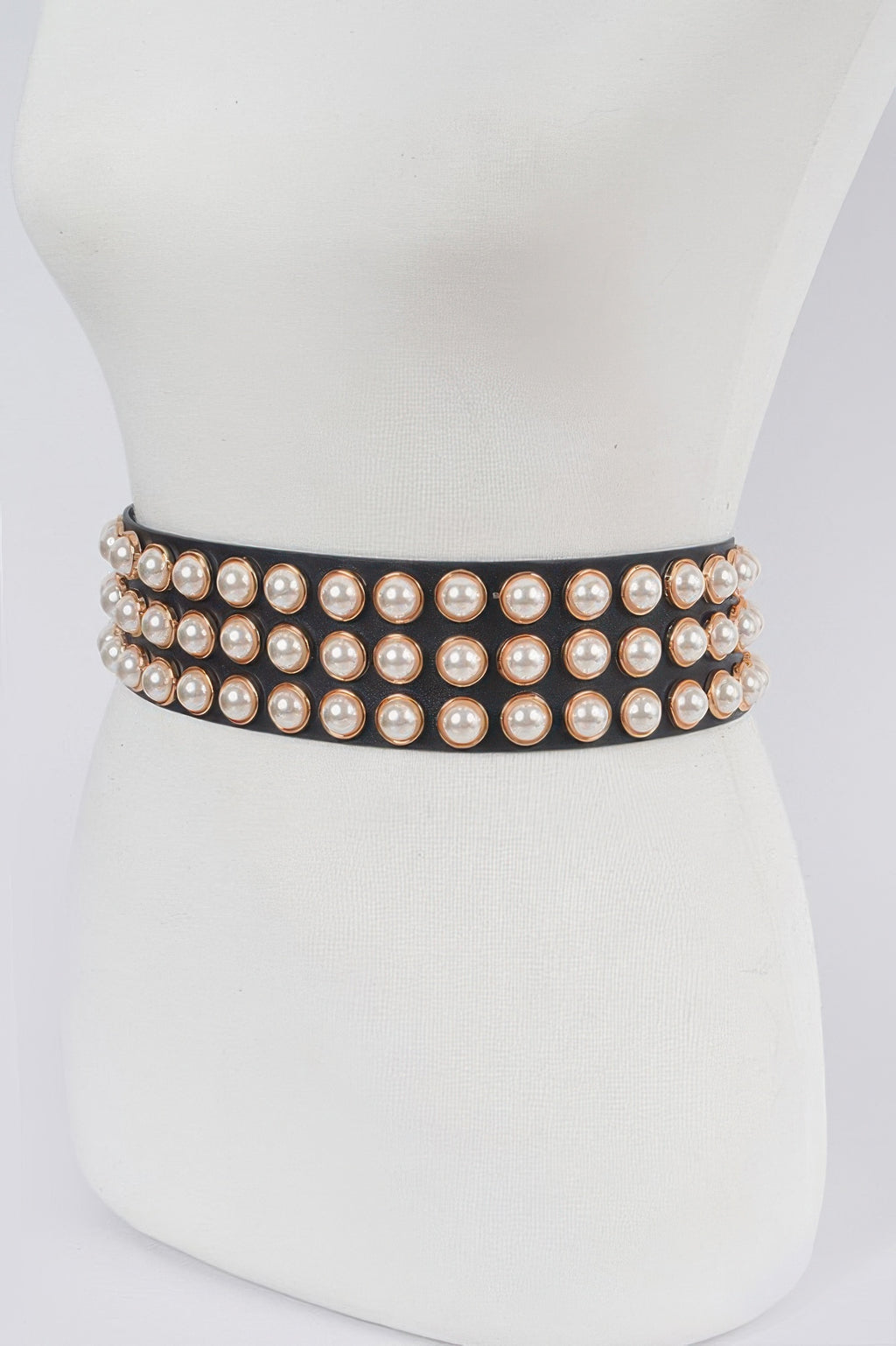 Pearl studded waist belt featuring stacked rows on black band