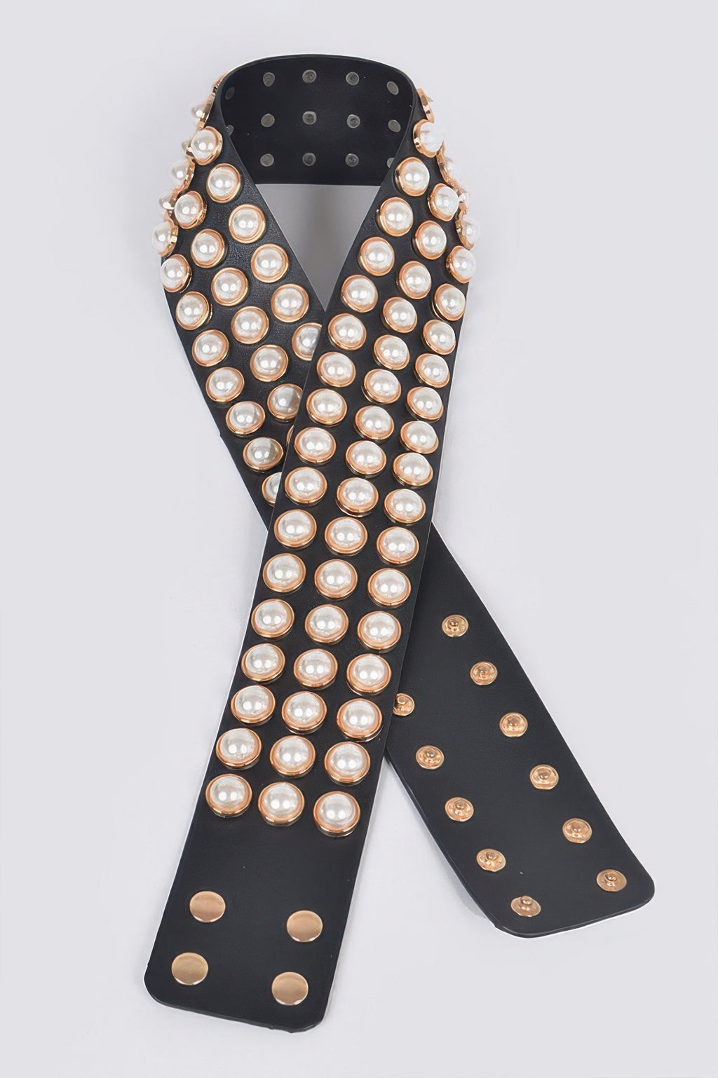 Pearl-studded waist belt with black fabric and multiple rows of round pearls