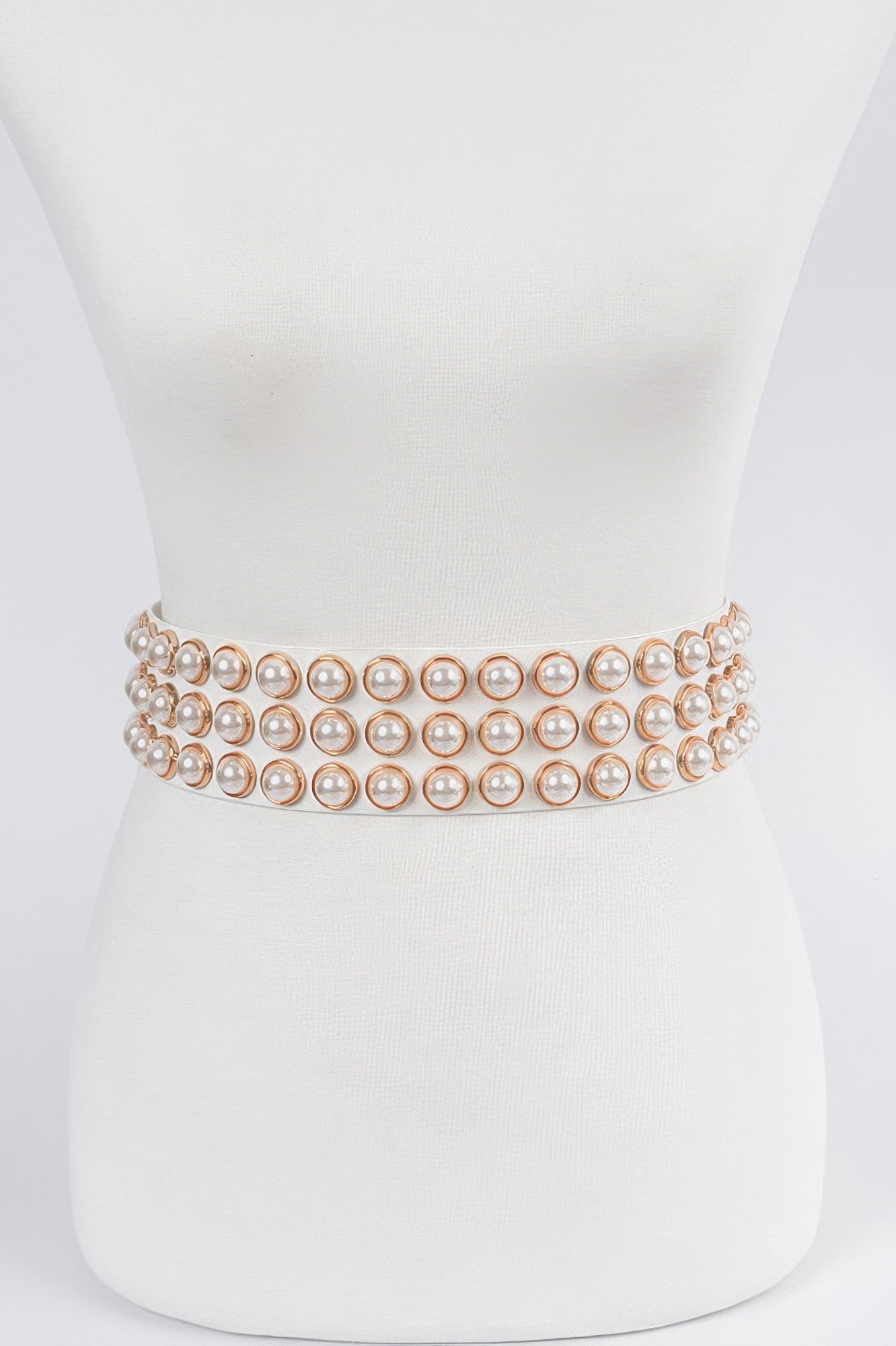 Full pearl studded waist belt on white band with round iridescent beads