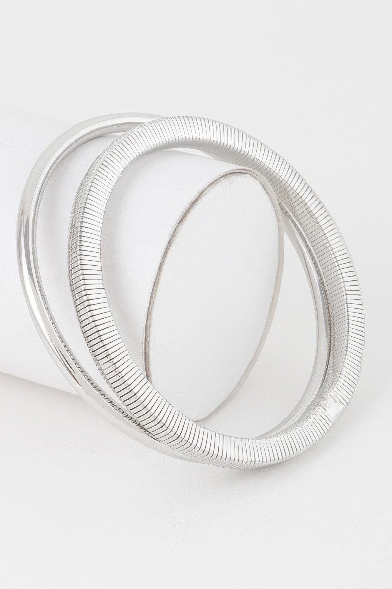 Silver ribbed bangle bracelets set, three stacked bangles with ridged texture