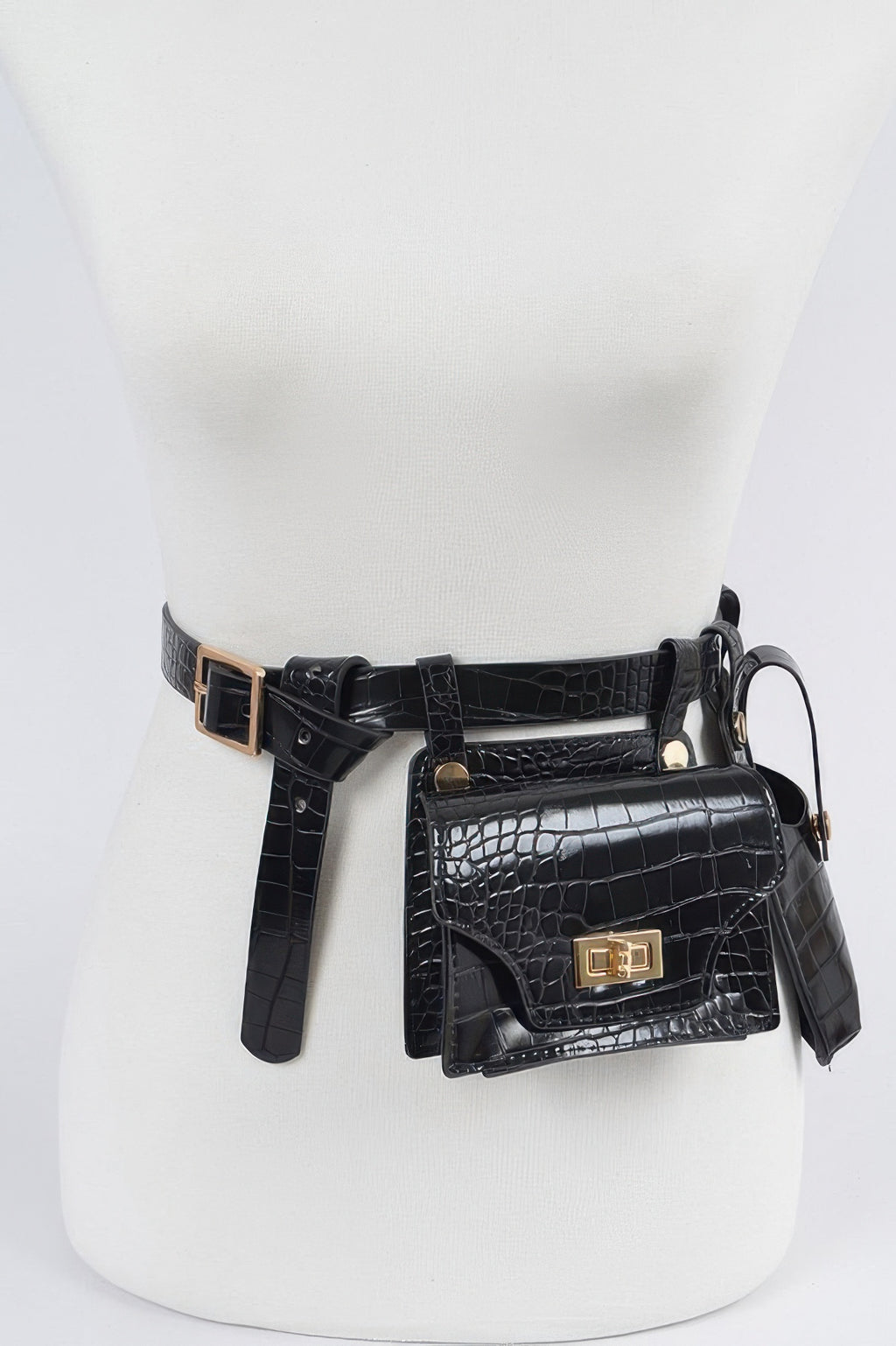 Riñonera doble mini negra con textura cocodrilo y herrajes dorados, correa ajustable