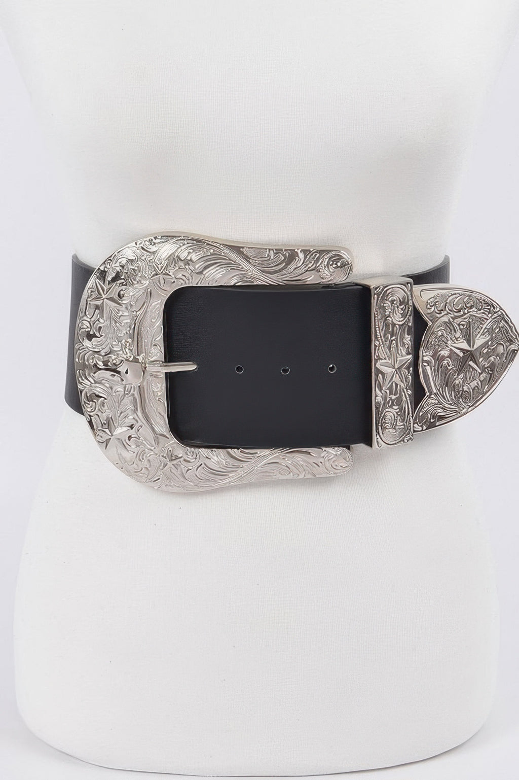 Bulky Buckle Belt—black belt with ornate silver buckle and engraved end plates