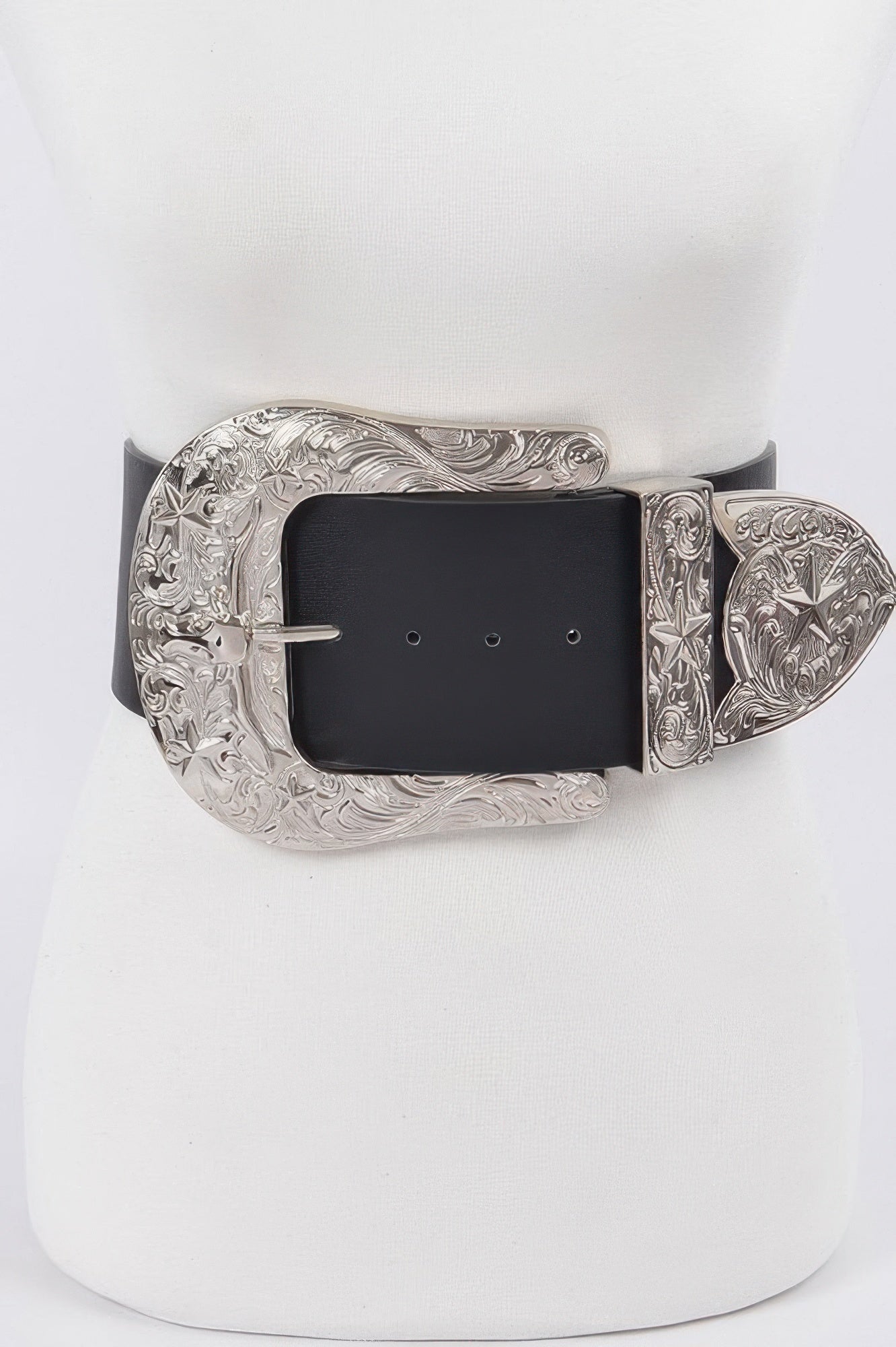 Bulky Buckle Belt—black belt with ornate silver buckle and engraved end plates