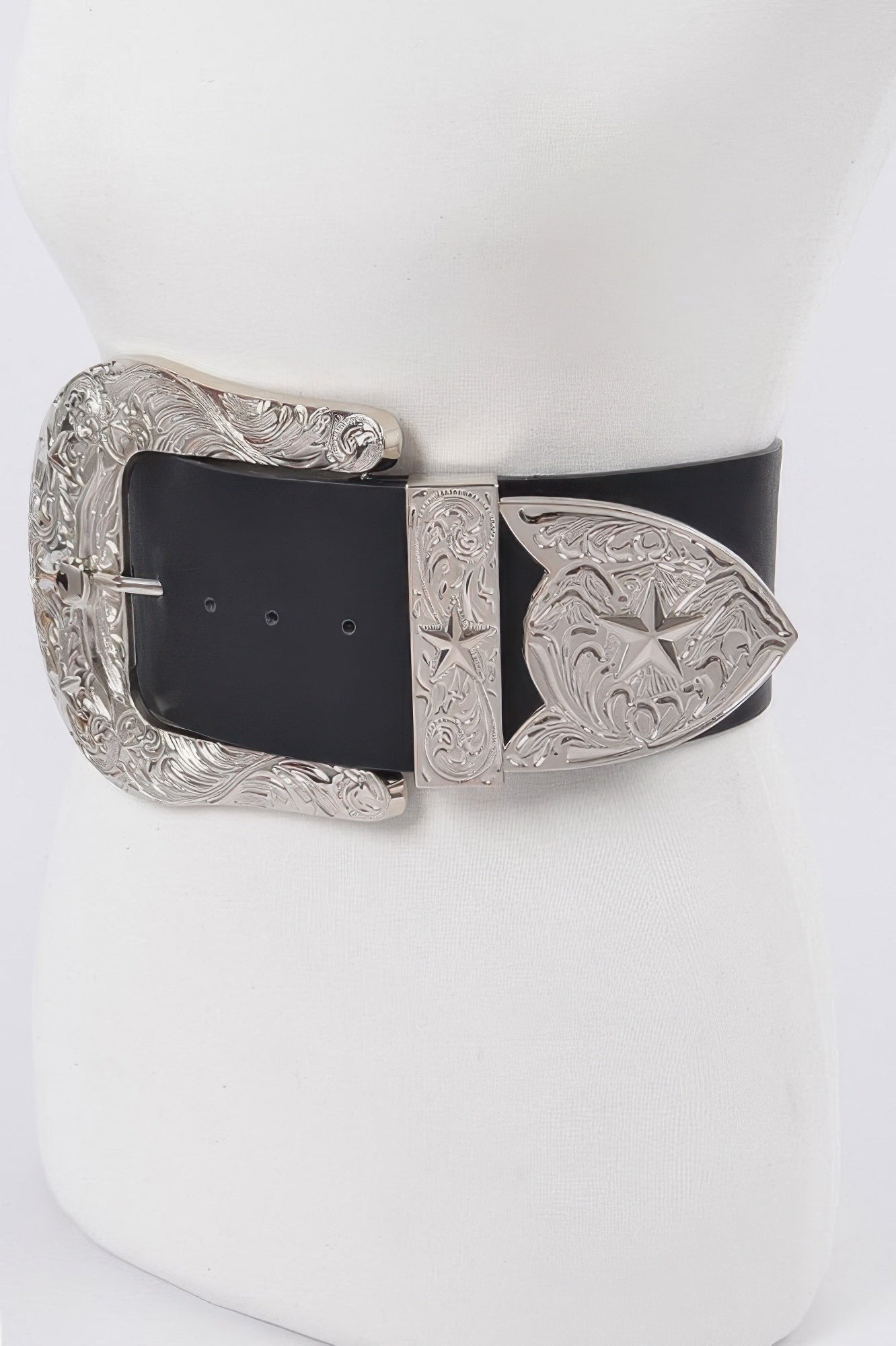 Bulky Buckle Belt with black strap and ornate silver buckle; side view of engraved plates