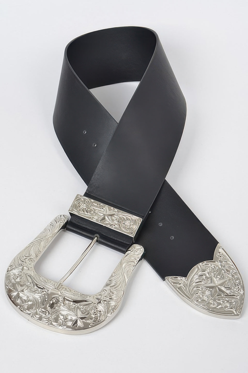 Bulky Buckle Belt—black belt with decorative silver buckle and engraved keeper plate