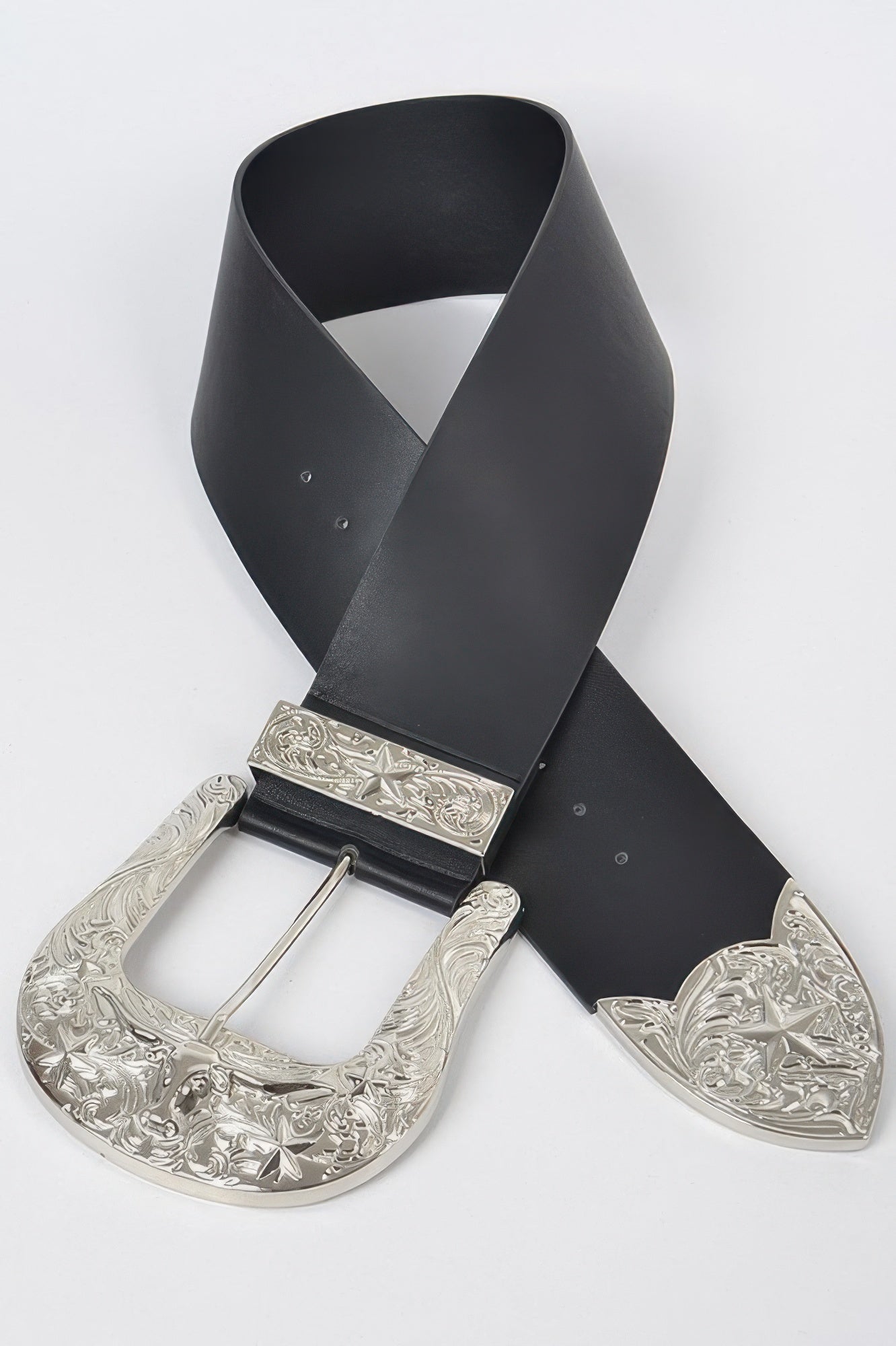 Bulky Buckle Belt—black belt with decorative silver buckle and engraved keeper plate