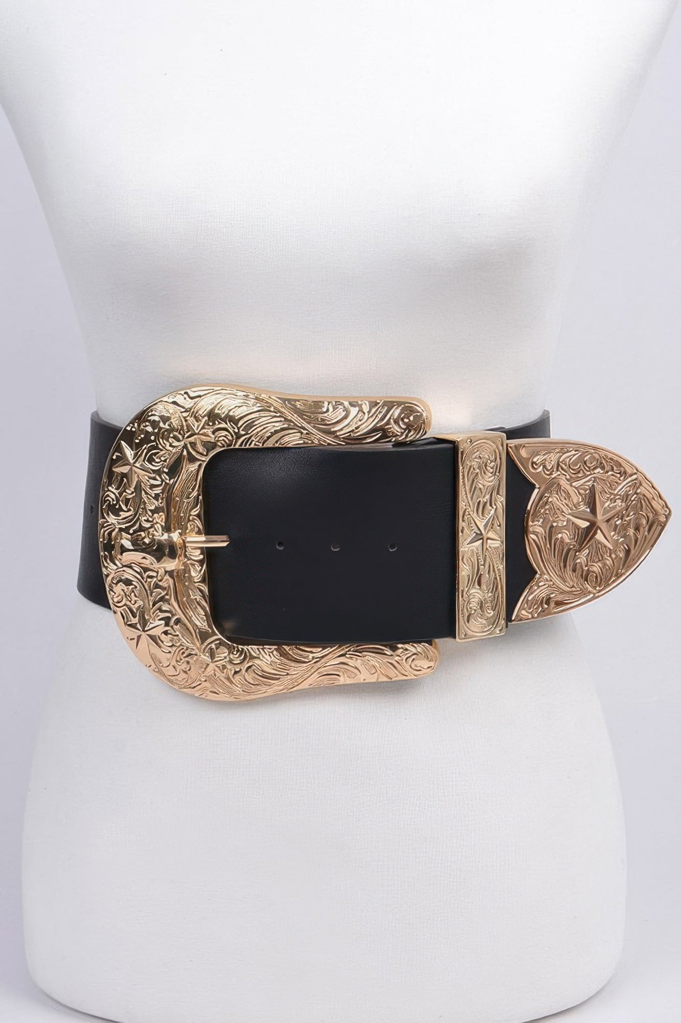 Bulky Buckle Belt—black belt with ornate gold buckle and engraved end plates