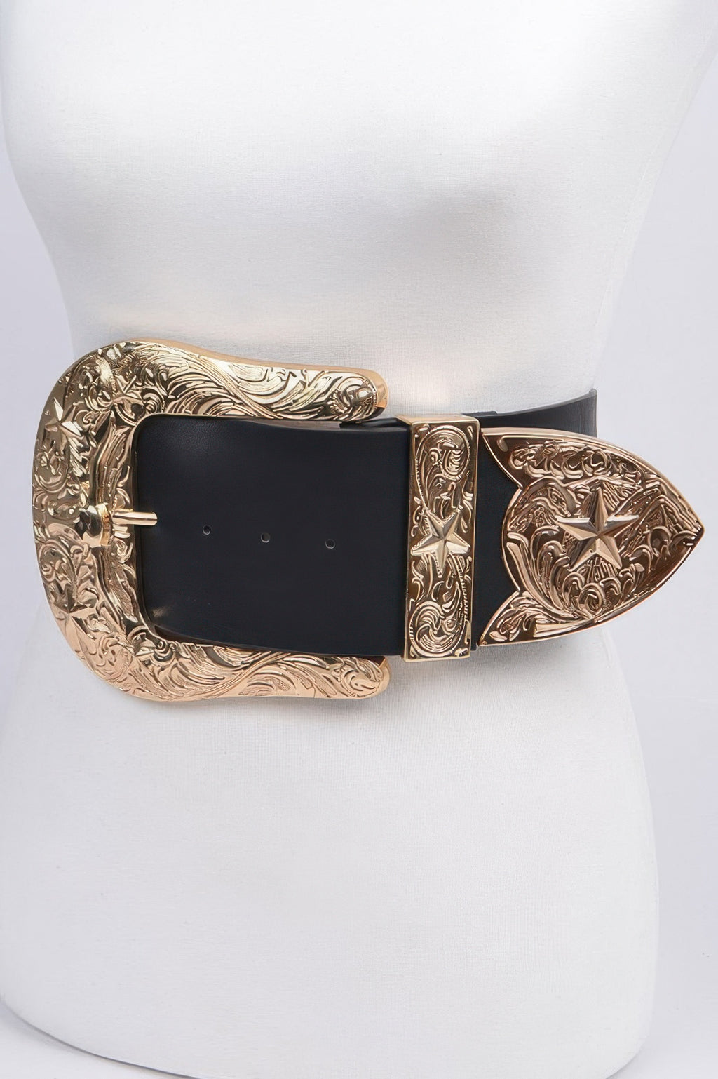 Bulky Buckle Belt with black strap and ornate gold buckle; side view of engraved plates