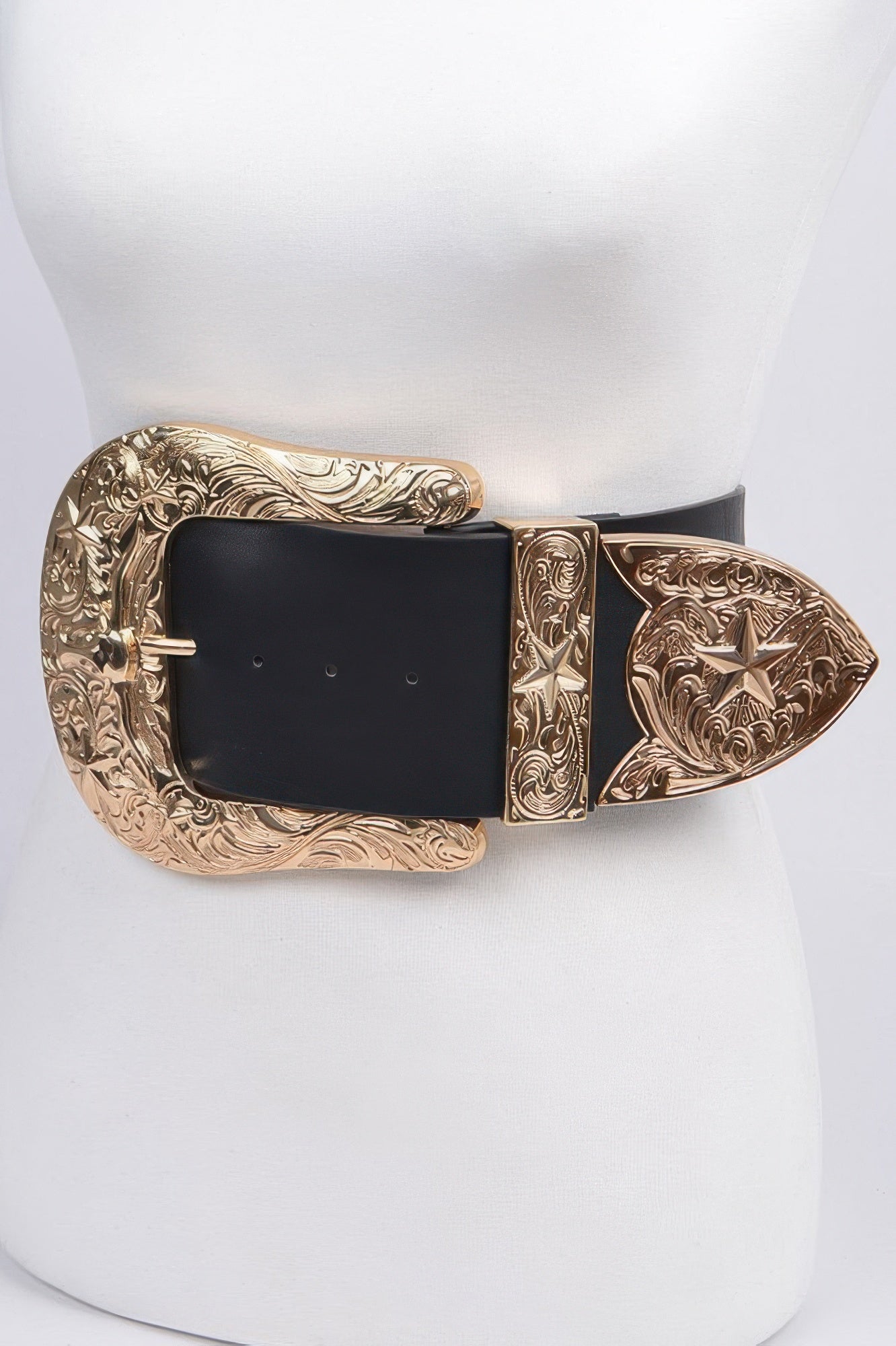 Bulky Buckle Belt with black strap and ornate gold buckle; side view of engraved plates