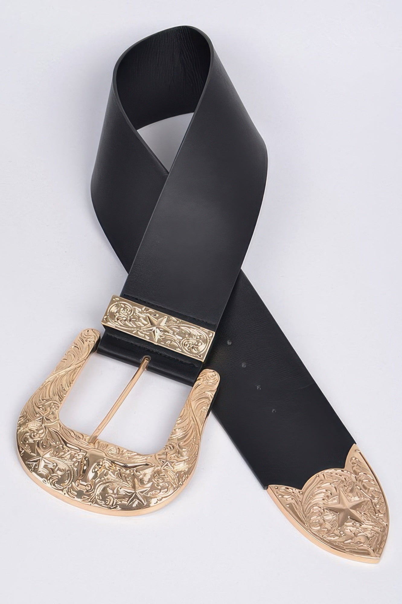 Bulky Buckle Belt—black belt with ornate gold buckle and engraved end plates